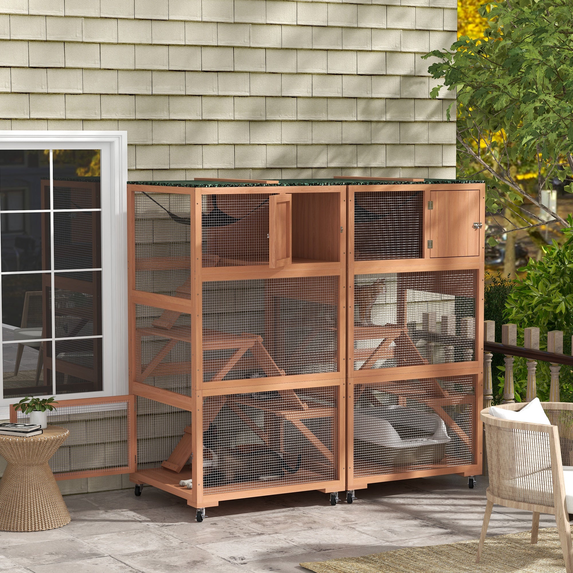 PawHut 2 Piece Catio, Outdoor Cat Enclosure House, Wooden Feral Cat Shelter on Wheels, Cat Cage with Hammocks, Platforms Ramps, and Weather Protection Asphalt Roof, 34", Orange