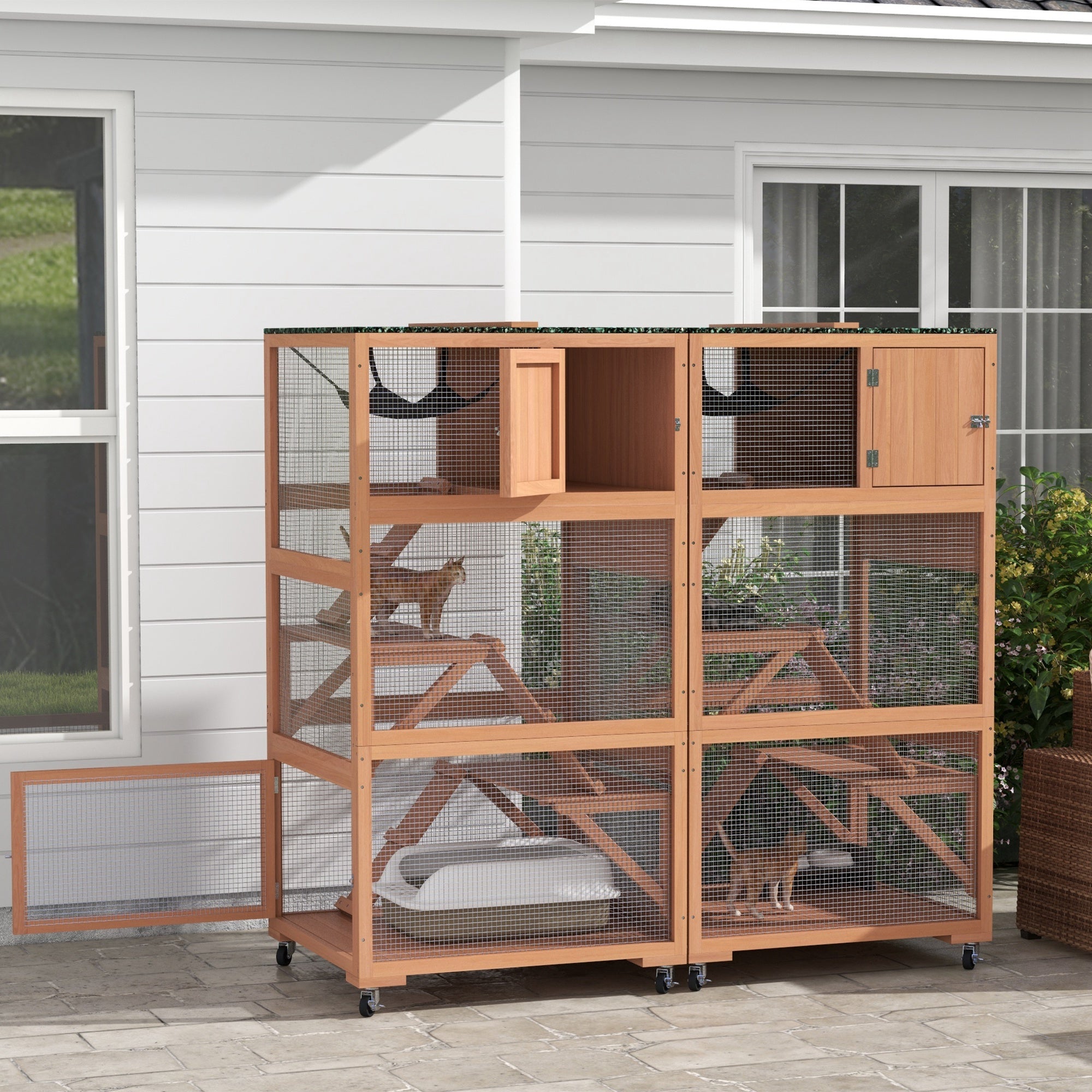 PawHut 2 Piece Catio, Outdoor Cat Enclosure House, Wooden Feral Cat Shelter on Wheels, Cat Cage with Hammocks, Platforms Ramps, and Weather Protection Asphalt Roof, 34", Orange