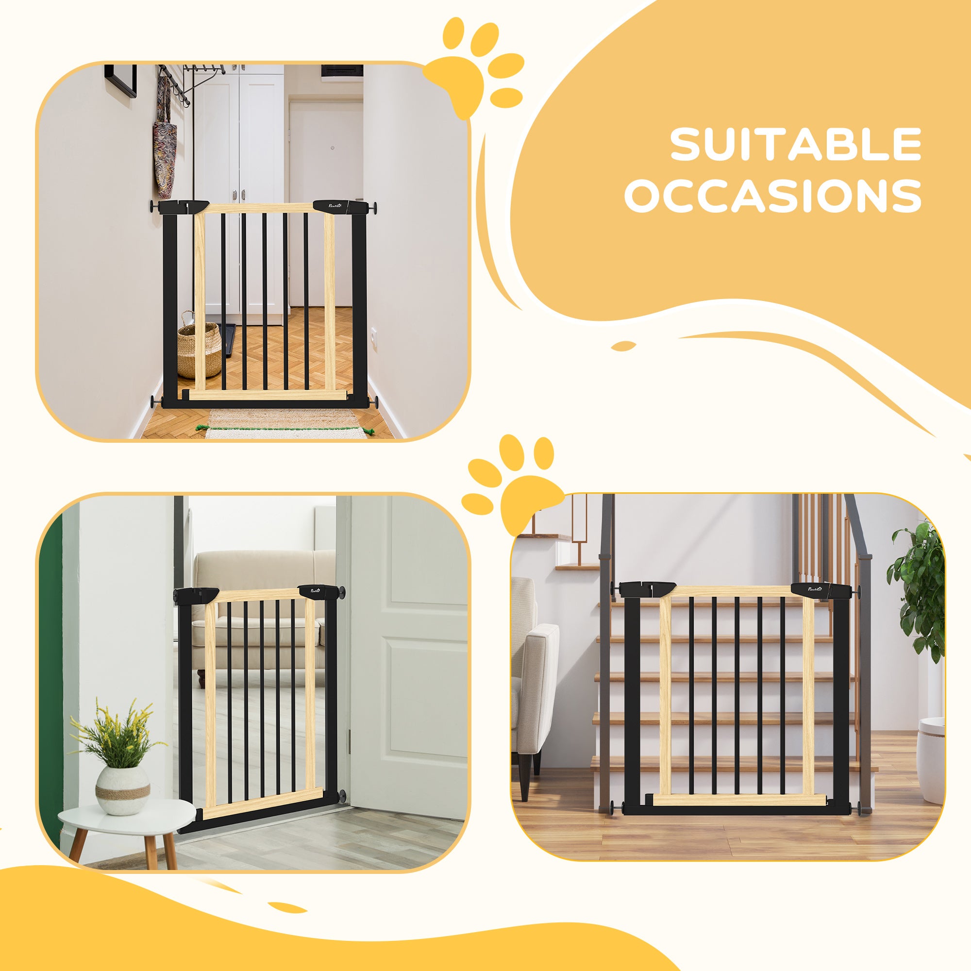 PawHut 29.5" - 32" Dog Gate for Doorways Stairs, Pressure Mount Safety Gate for Easy Step with Auto Close, Steel and Wood, Walk Through Pet Gate for Small and Medium Dogs