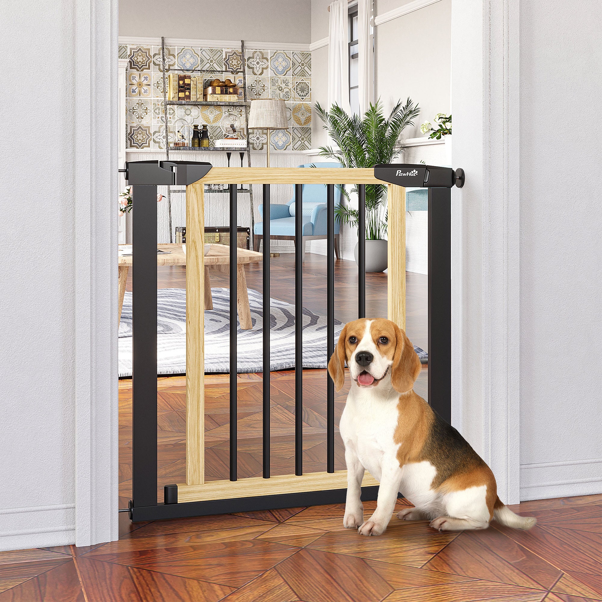 PawHut 29.5" - 32" Dog Gate for Doorways Stairs, Pressure Mount Safety Gate for Easy Step with Auto Close, Steel and Wood, Walk Through Pet Gate for Small and Medium Dogs