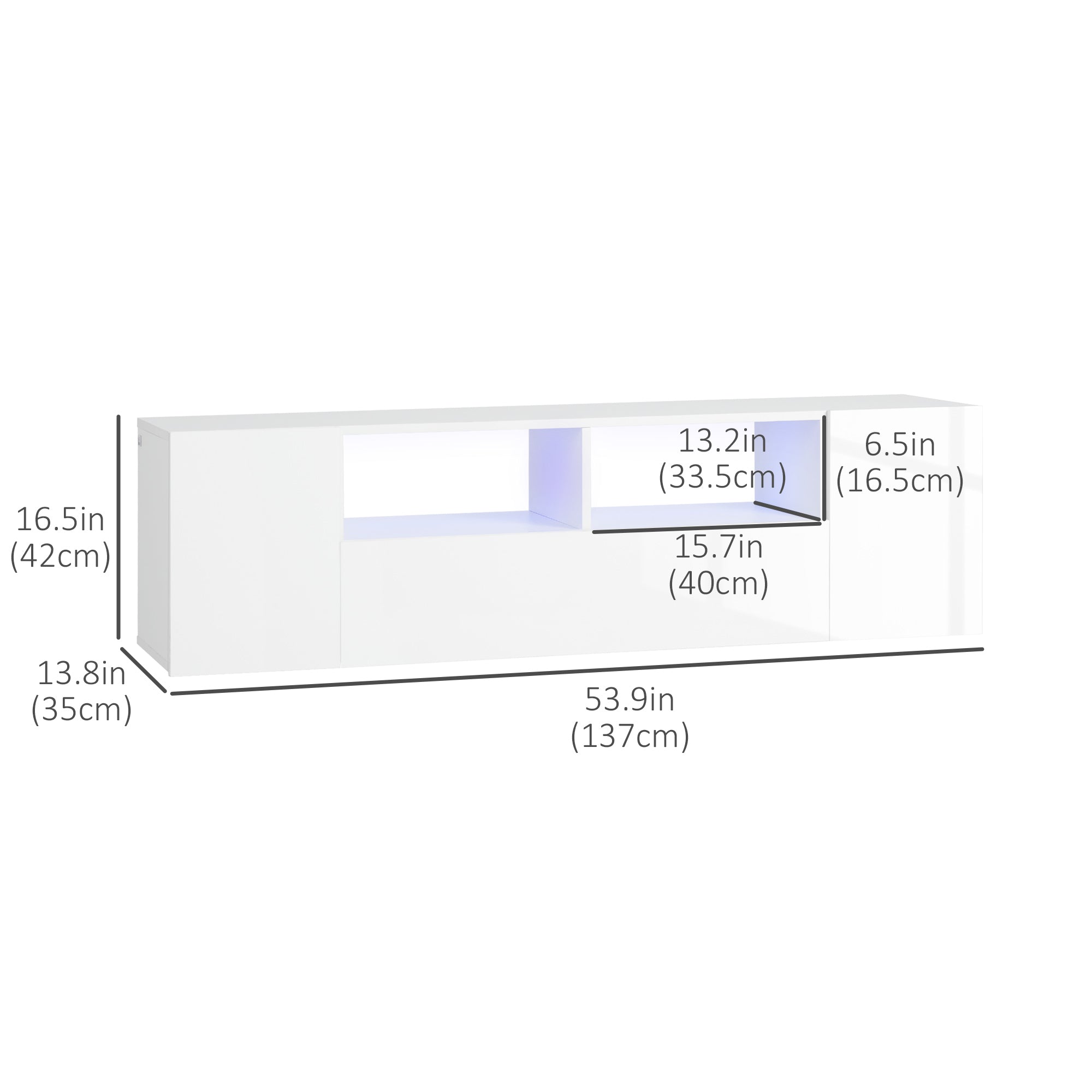 HOMCOM High Gloss TV Cabinet Stand for TVs up to 60" with LED Lights, Entertainment Center with Storage Shelves and Cupboards, White