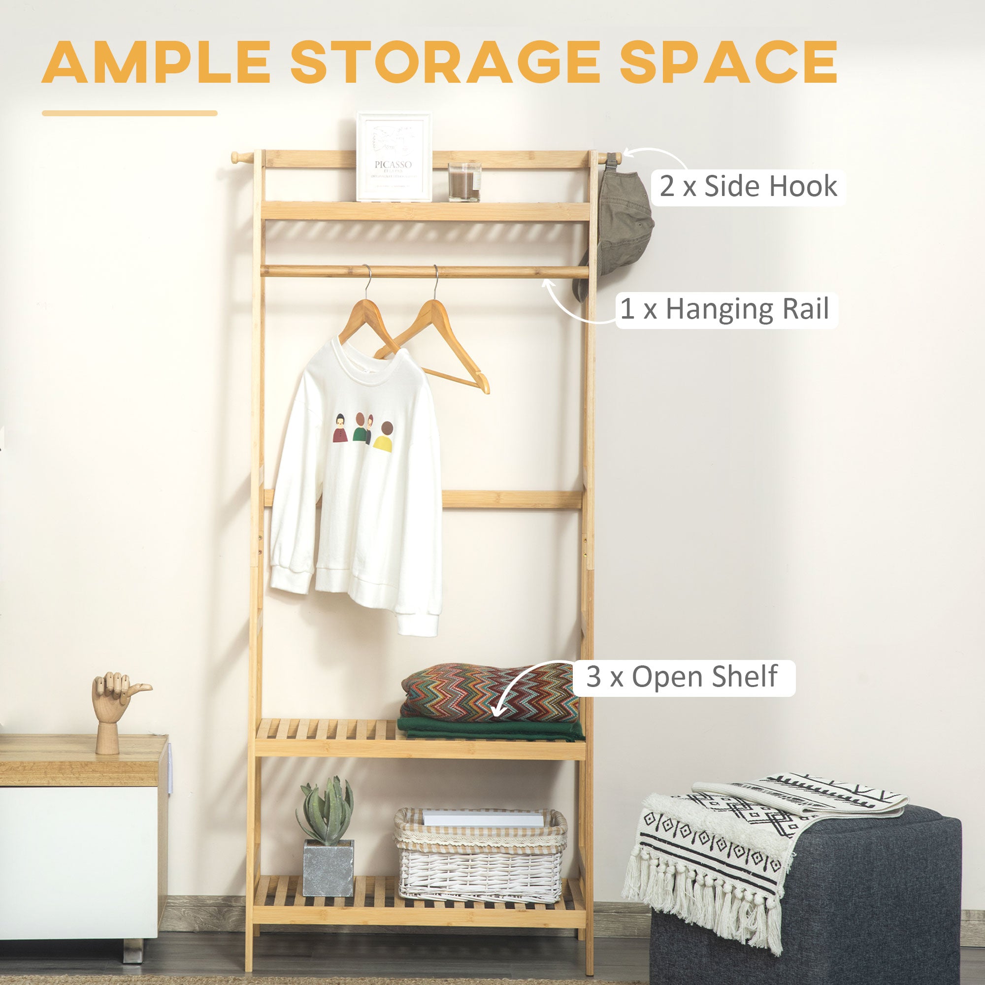HOMCOM Bamboo Garment Rack, Freestanding Wooden Clothing Rack with 3 Tier Storage Shelves, Hooks and Hanging Rail for Entryway, Bedroom and Office, Natural
