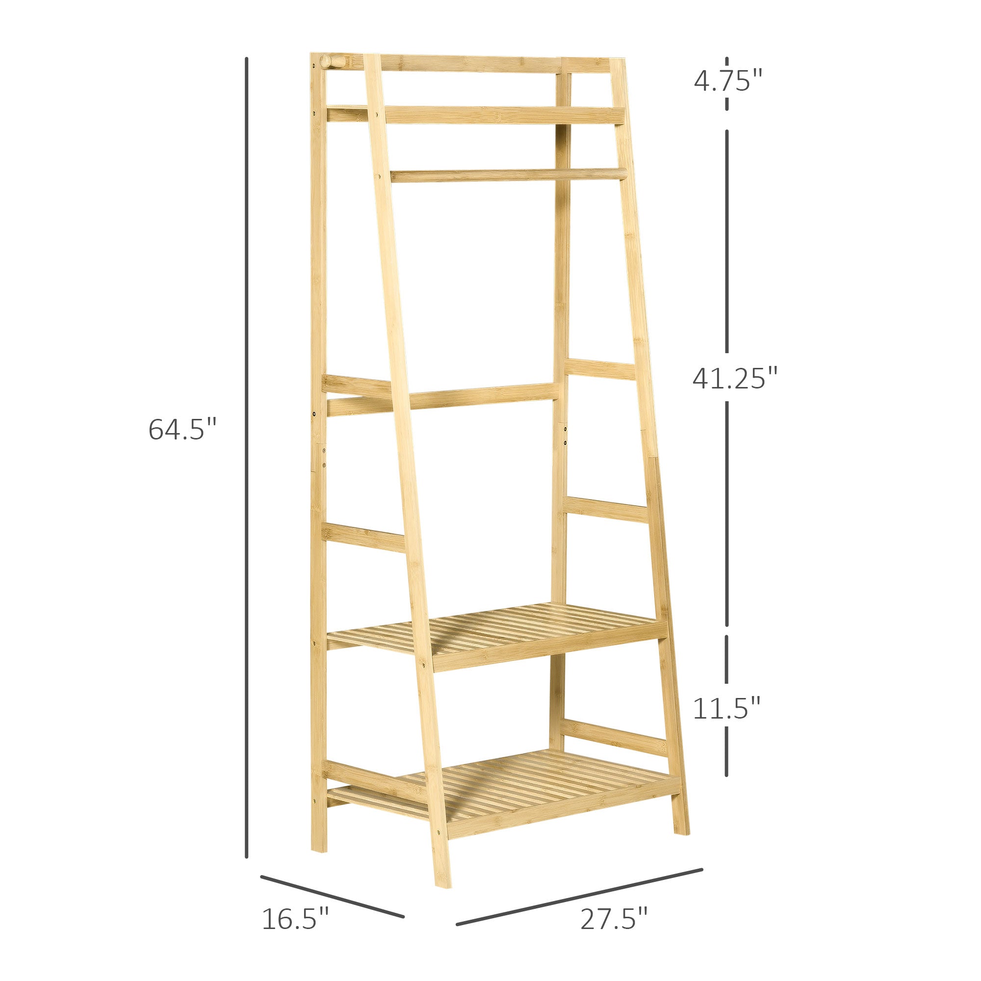 HOMCOM Bamboo Garment Rack, Freestanding Wooden Clothing Rack with 3 Tier Storage Shelves, Hooks and Hanging Rail for Entryway, Bedroom and Office, Natural