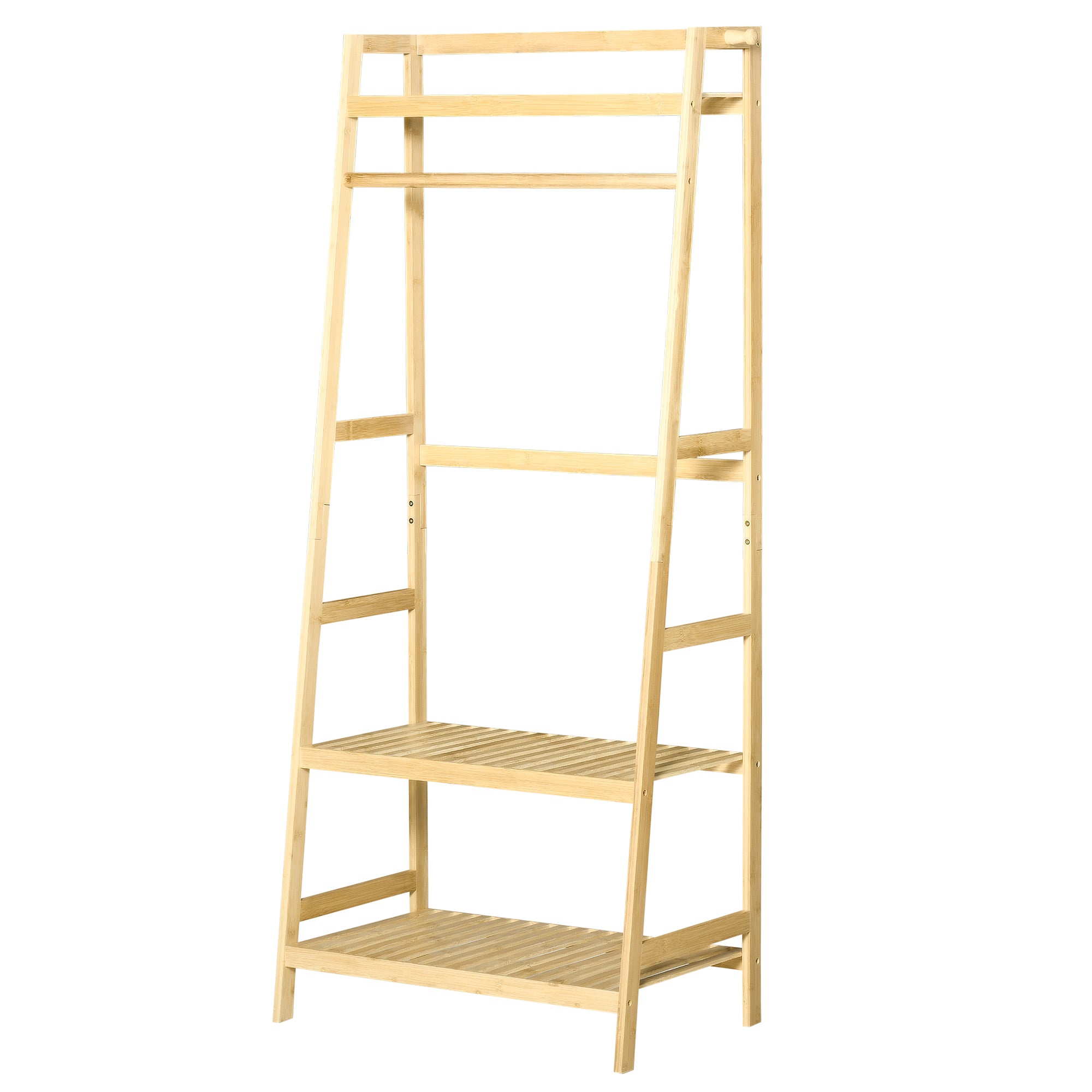 HOMCOM Bamboo Garment Rack, Freestanding Wooden Clothing Rack with 3 Tier Storage Shelves, Hooks and Hanging Rail for Entryway, Bedroom and Office, Natural