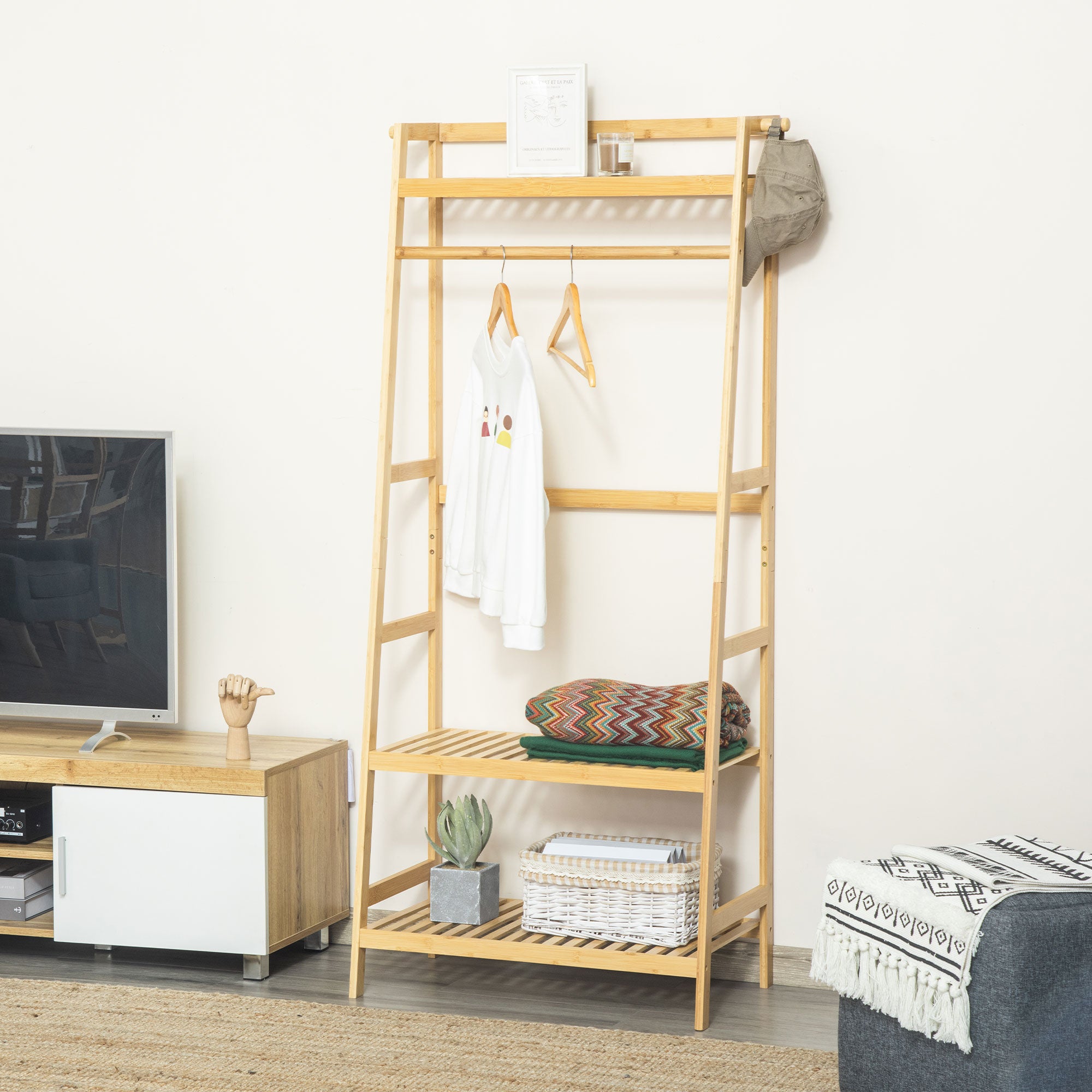 HOMCOM Bamboo Garment Rack, Freestanding Wooden Clothing Rack with 3 Tier Storage Shelves, Hooks and Hanging Rail for Entryway, Bedroom and Office, Natural