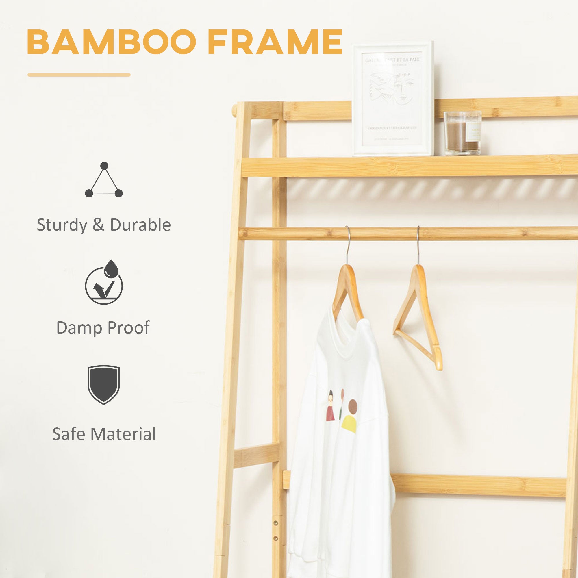 HOMCOM Bamboo Garment Rack, Freestanding Wooden Clothing Rack with 3 Tier Storage Shelves, Hooks and Hanging Rail for Entryway, Bedroom and Office, Natural