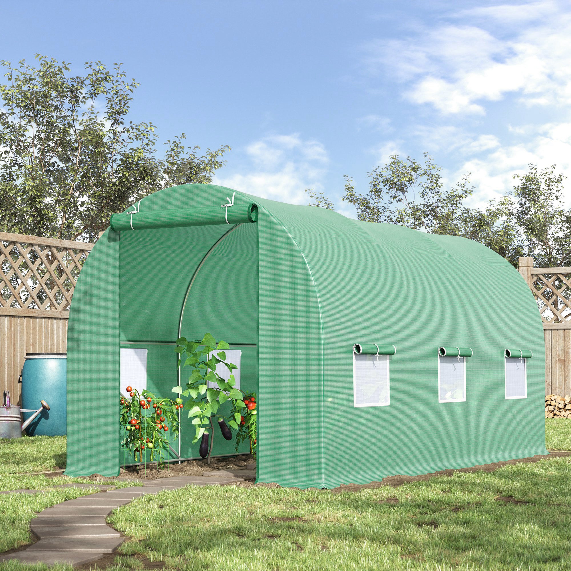 Outsunny 14.6' x 6' x 6.6' Walk-in Tunnel Greenhouse Garden Plant Seed Growing Warm House Outdoor Hot House w/ Roll Up Door, Windows, PE Cover Green