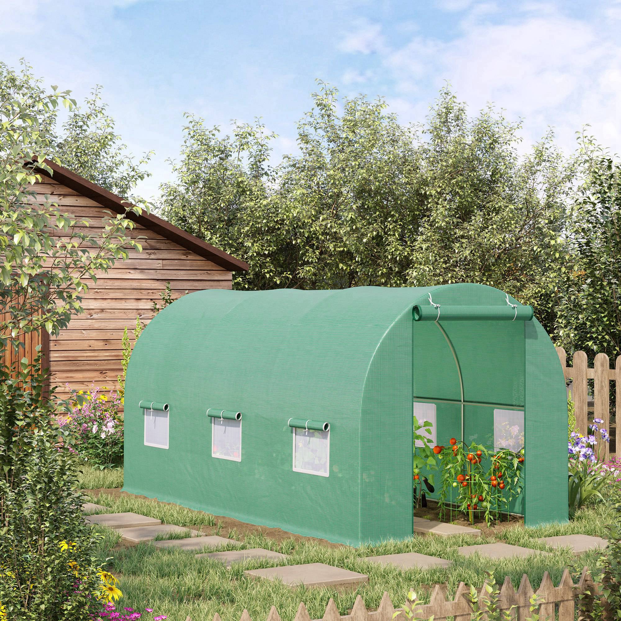 Outsunny 14.6' x 6' x 6.6' Walk-in Tunnel Greenhouse Garden Plant Seed Growing Warm House Outdoor Hot House w/ Roll Up Door, Windows, PE Cover Green