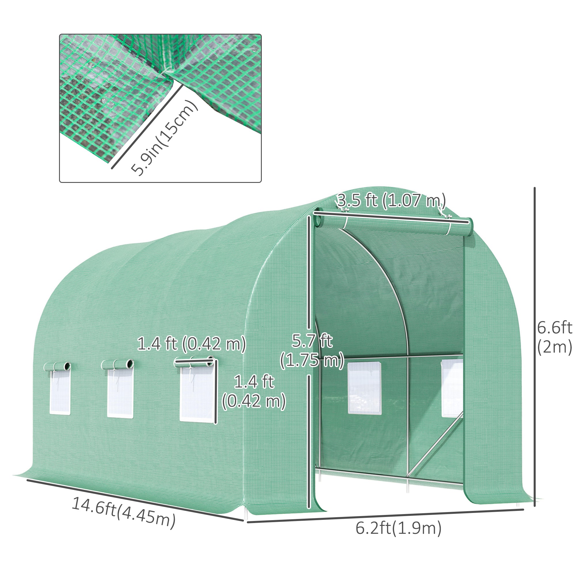 Outsunny 14.6' x 6' x 6.6' Walk-in Tunnel Greenhouse Garden Plant Seed Growing Warm House Outdoor Hot House w/ Roll Up Door, Windows, PE Cover Green