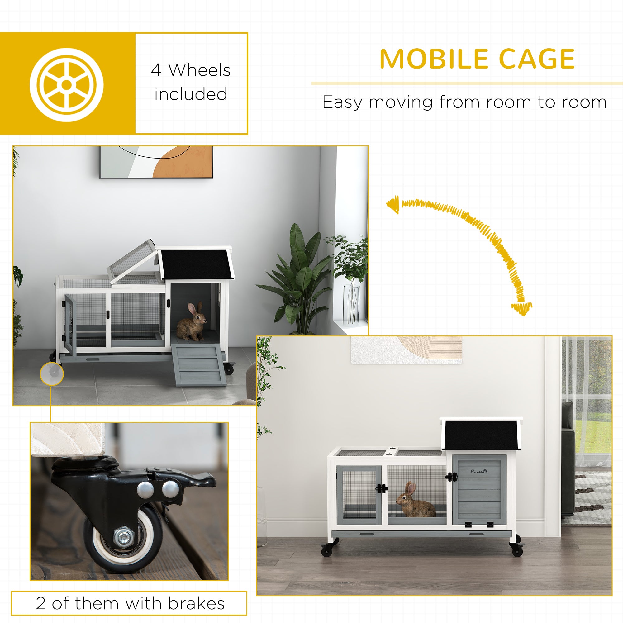 PawHut Wooden Rabbit Hutch with Wheels, Guinea Pig Cage, Small Animal House for Outdoor & Indoor with Slide-out Tray, 108 x 58 x 73.5cm, Grey