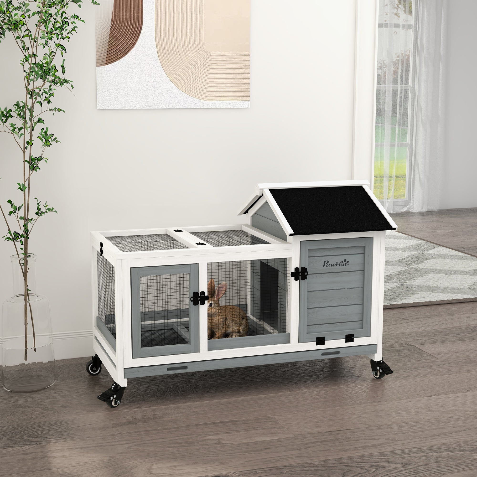 PawHut Wooden Rabbit Hutch with Wheels, Guinea Pig Cage, Small Animal House for Outdoor & Indoor with Slide-out Tray, 108 x 58 x 73.5cm, Grey