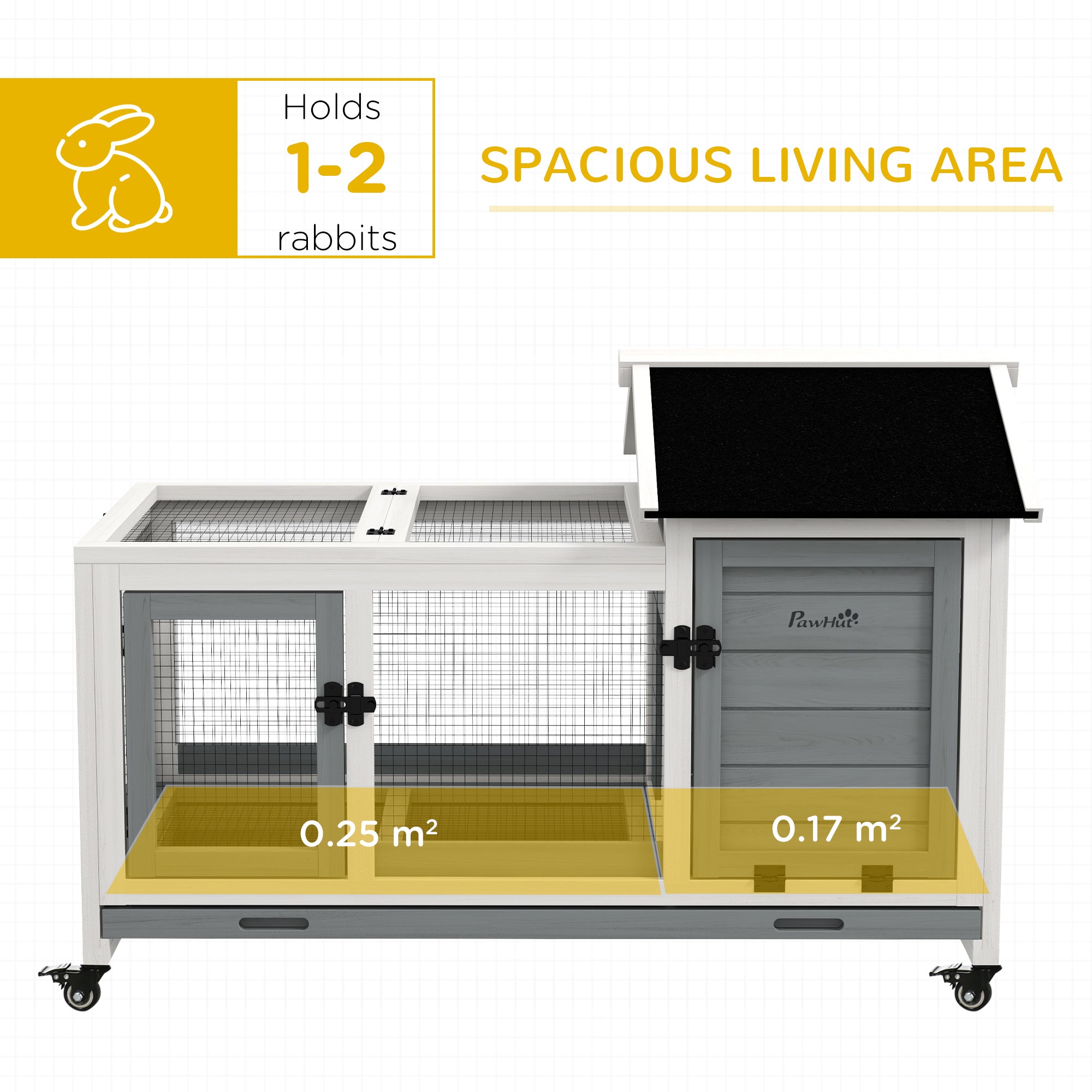 PawHut Wooden Rabbit Hutch with Wheels, Guinea Pig Cage, Small Animal House for Outdoor & Indoor with Slide-out Tray, 108 x 58 x 73.5cm, Grey