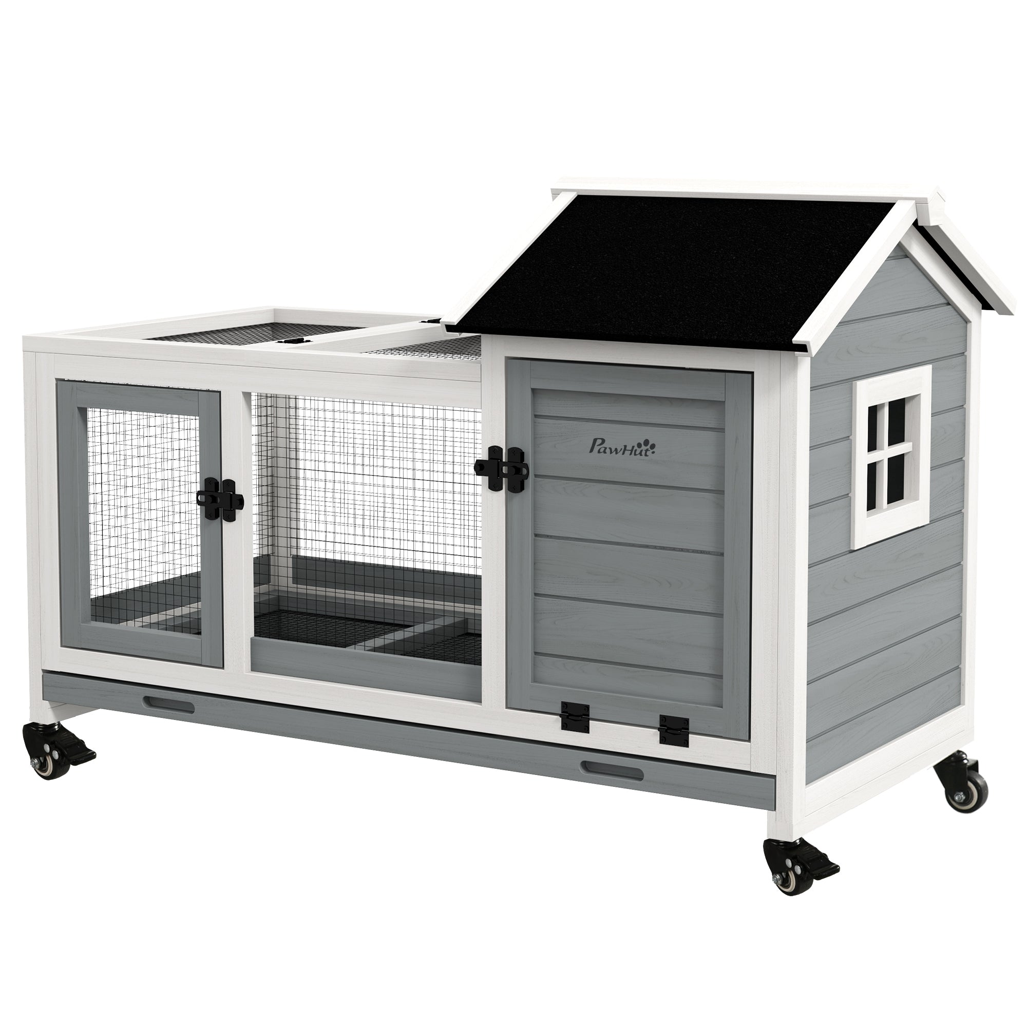 PawHut Wooden Rabbit Hutch with Wheels, Guinea Pig Cage, Small Animal House for Outdoor & Indoor with Slide-out Tray, 108 x 58 x 73.5cm, Grey