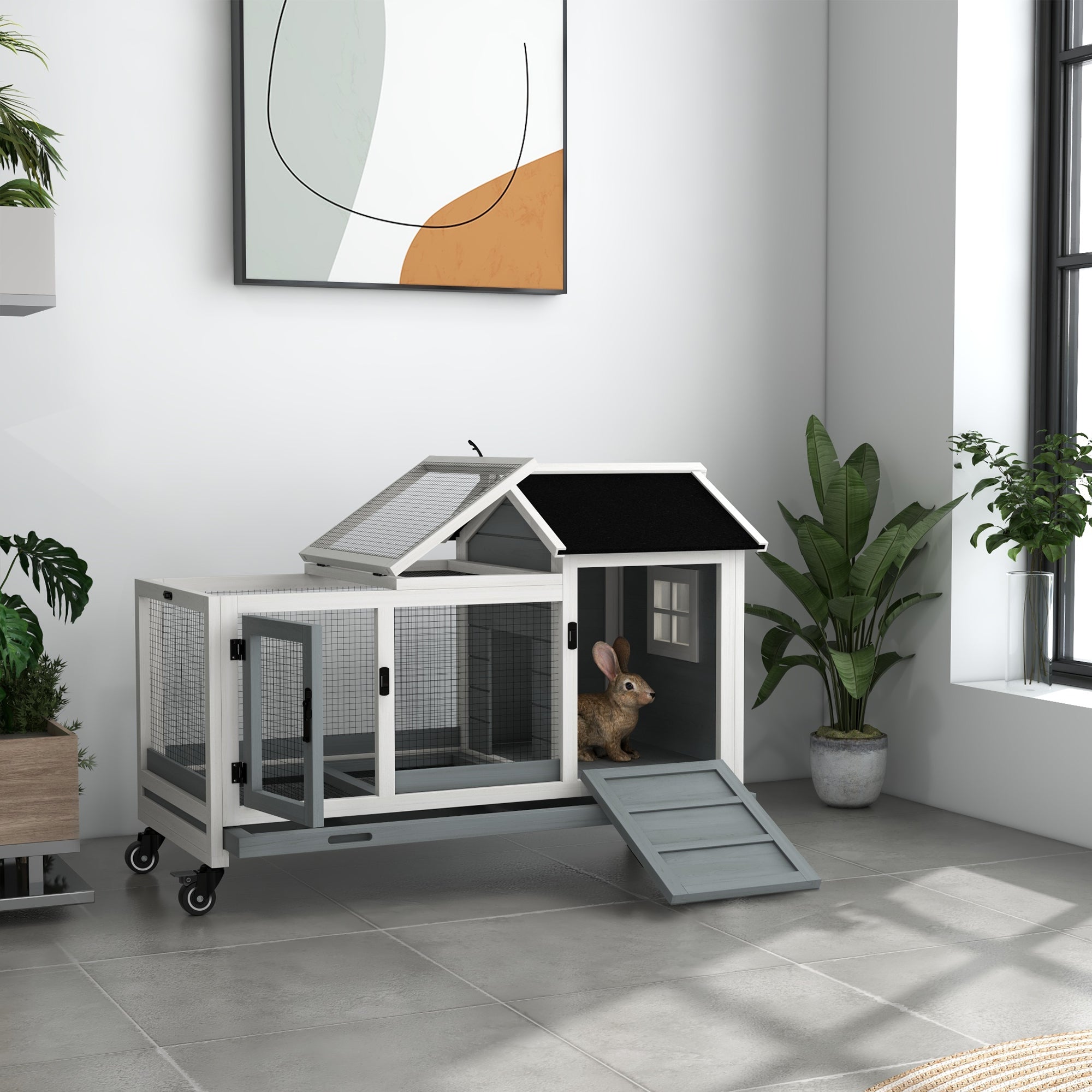 PawHut Wooden Rabbit Hutch with Wheels, Guinea Pig Cage, Small Animal House for Outdoor & Indoor with Slide-out Tray, 108 x 58 x 73.5cm, Grey