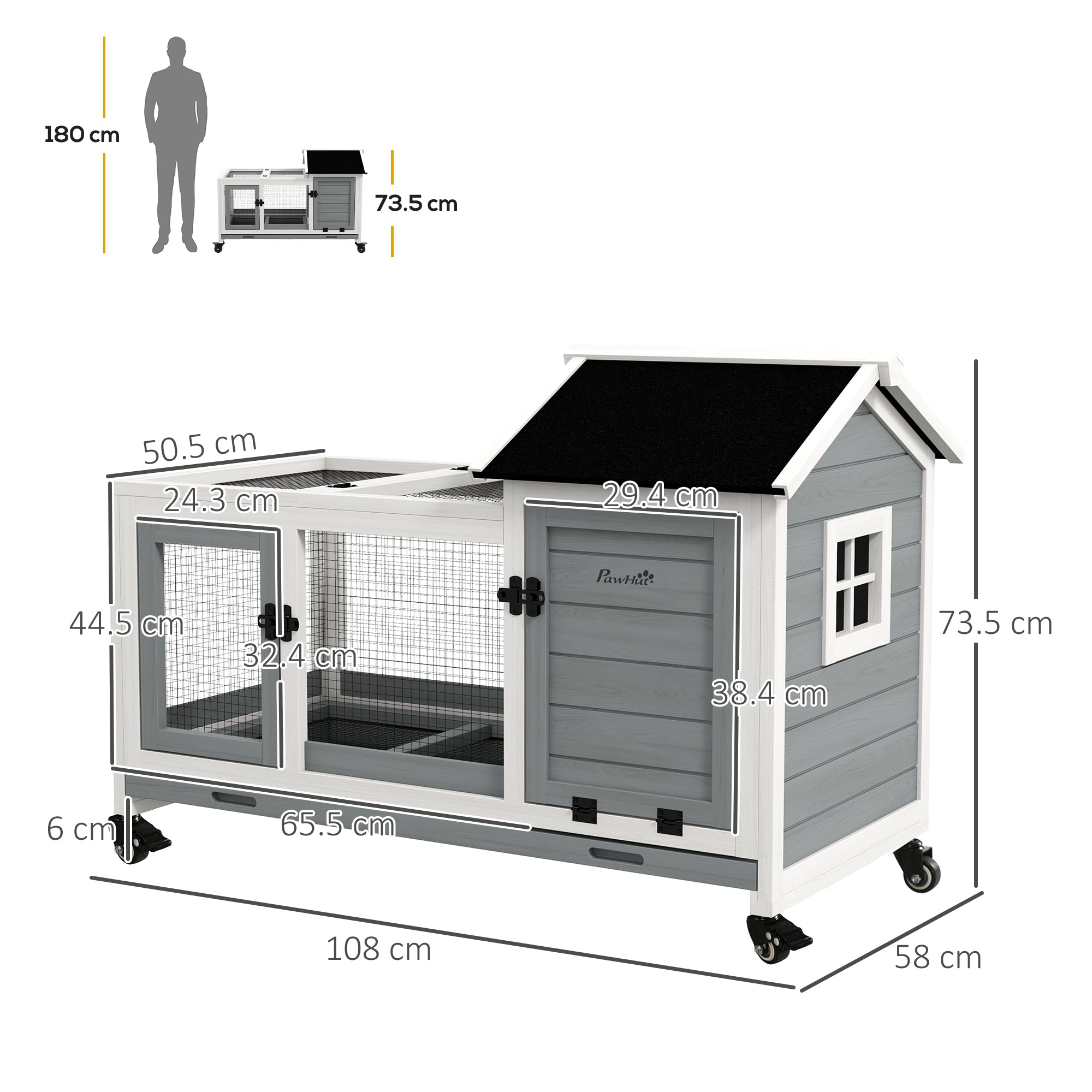 PawHut Wooden Rabbit Hutch with Wheels, Guinea Pig Cage, Small Animal House for Outdoor & Indoor with Slide-out Tray, 108 x 58 x 73.5cm, Grey