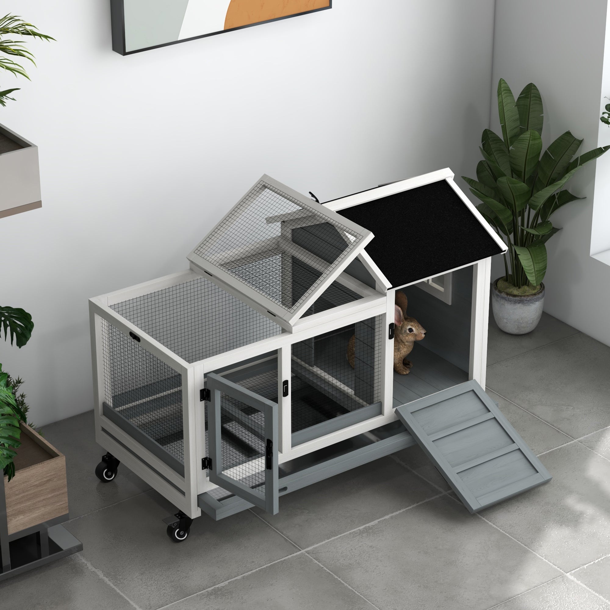 PawHut Wooden Rabbit Hutch with Wheels, Guinea Pig Cage, Small Animal House for Outdoor & Indoor with Slide-out Tray, 108 x 58 x 73.5cm, Grey