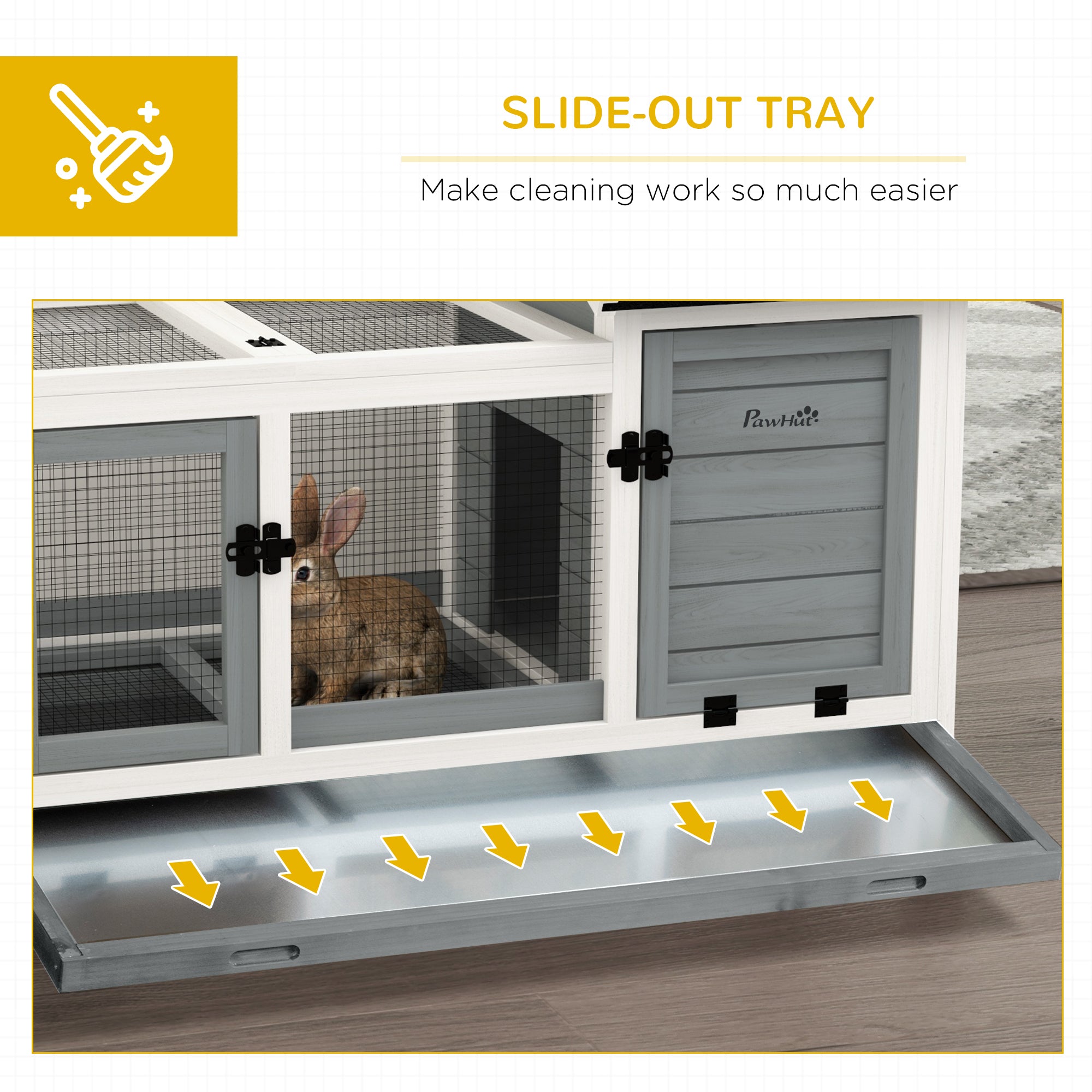 PawHut Wooden Rabbit Hutch with Wheels, Guinea Pig Cage, Small Animal House for Outdoor & Indoor with Slide-out Tray, 108 x 58 x 73.5cm, Grey