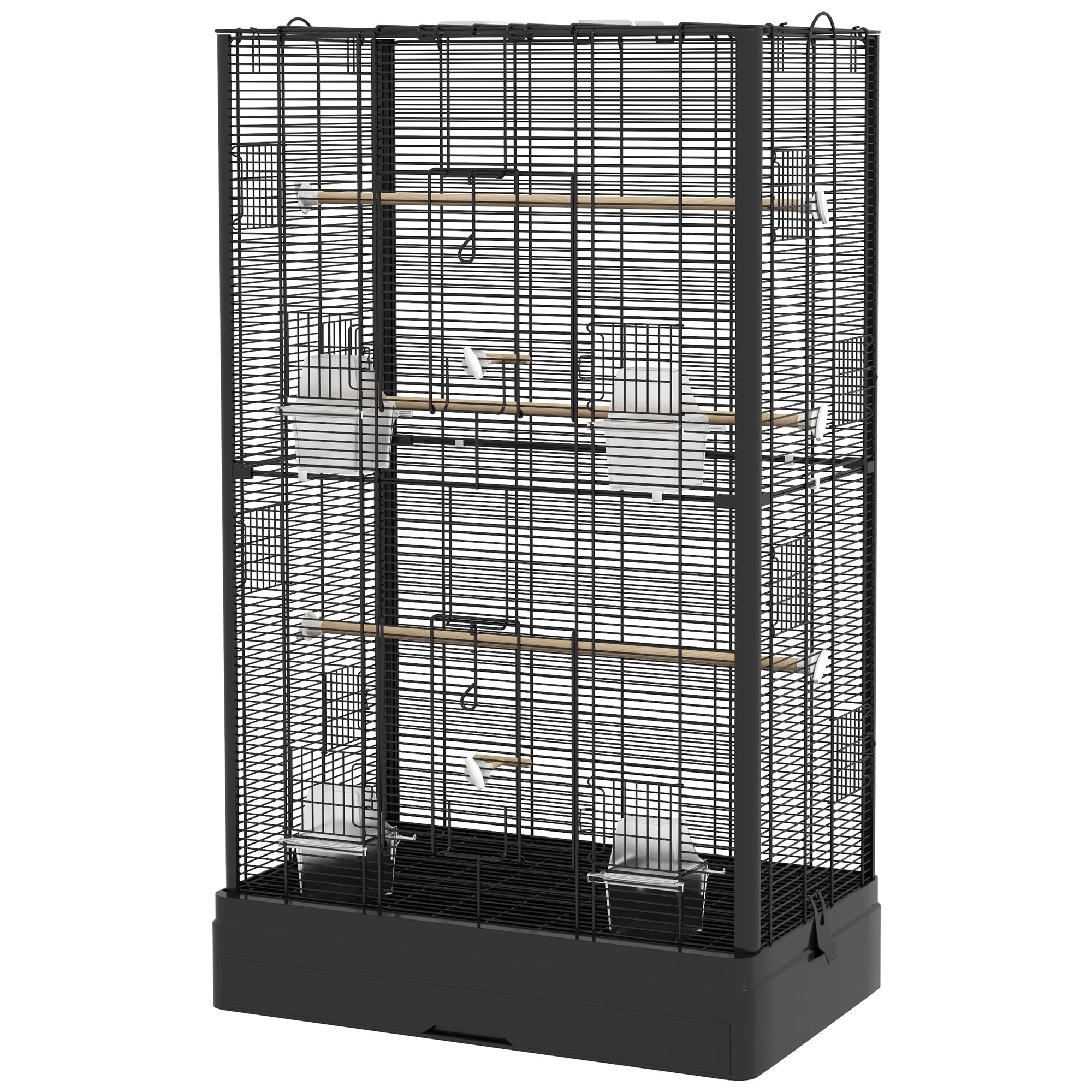 PawHut 39" Bird Cage for Budgie, Finches, Canaries, Love Birds, Large Parrot Cage with Wooden Stands, Slide-Out Tray, Handles, Food Containers, Black