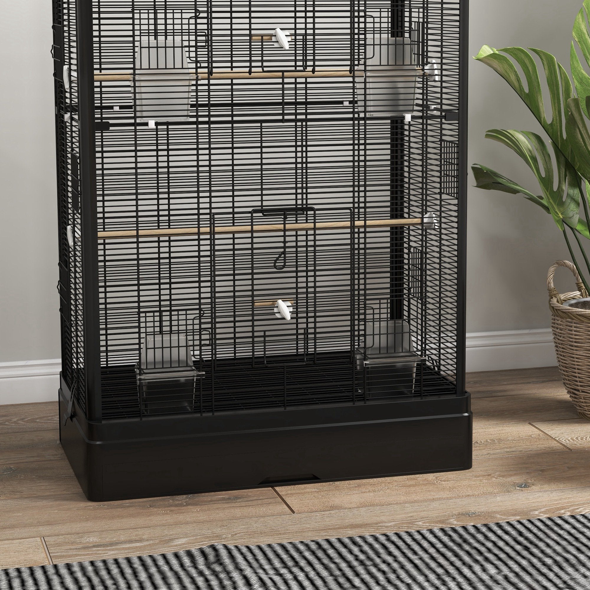 PawHut 39" Bird Cage for Budgie, Finches, Canaries, Love Birds, Large Parrot Cage with Wooden Stands, Slide-Out Tray, Handles, Food Containers, Black