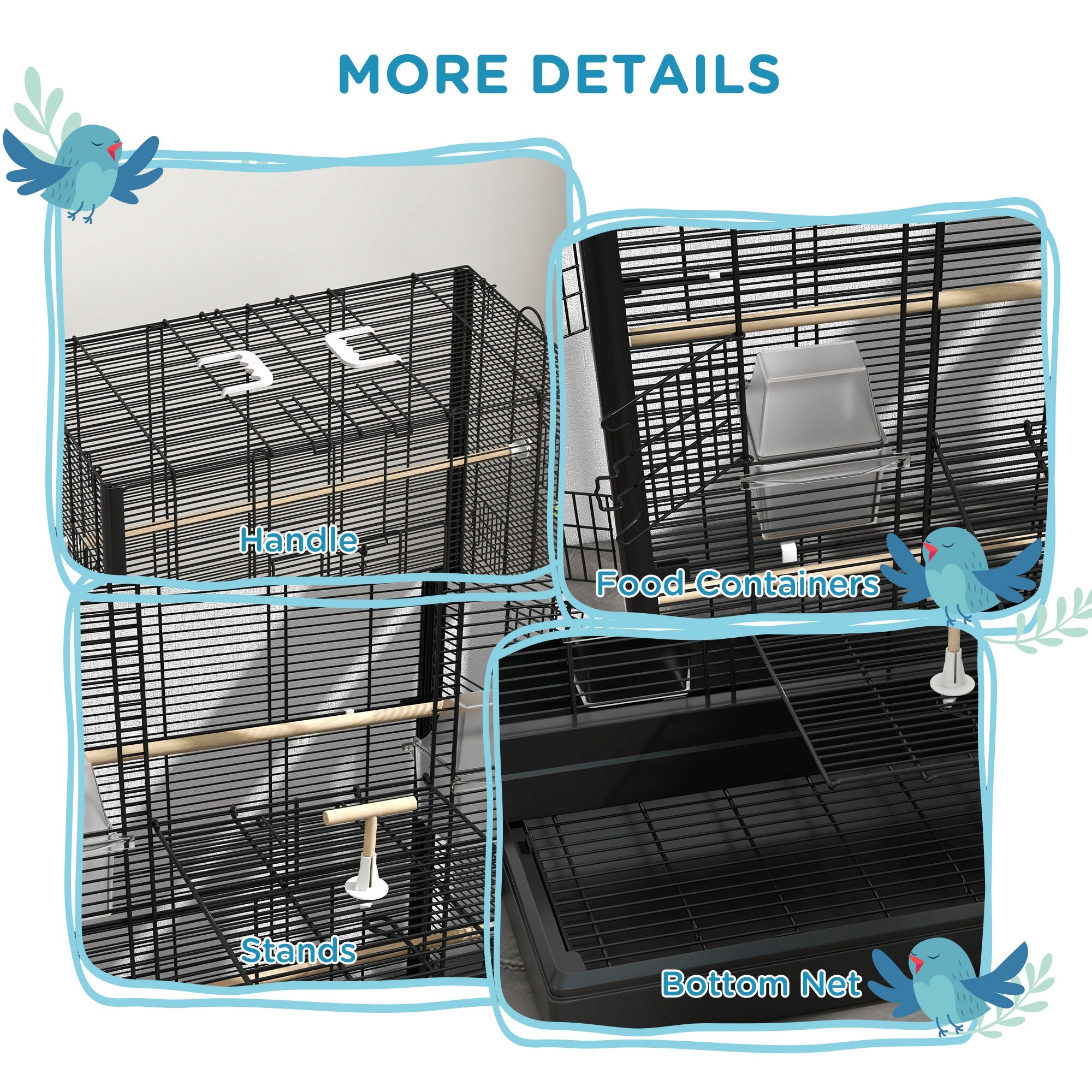 PawHut 39" Bird Cage for Budgie, Finches, Canaries, Love Birds, Large Parrot Cage with Wooden Stands, Slide-Out Tray, Handles, Food Containers, Black