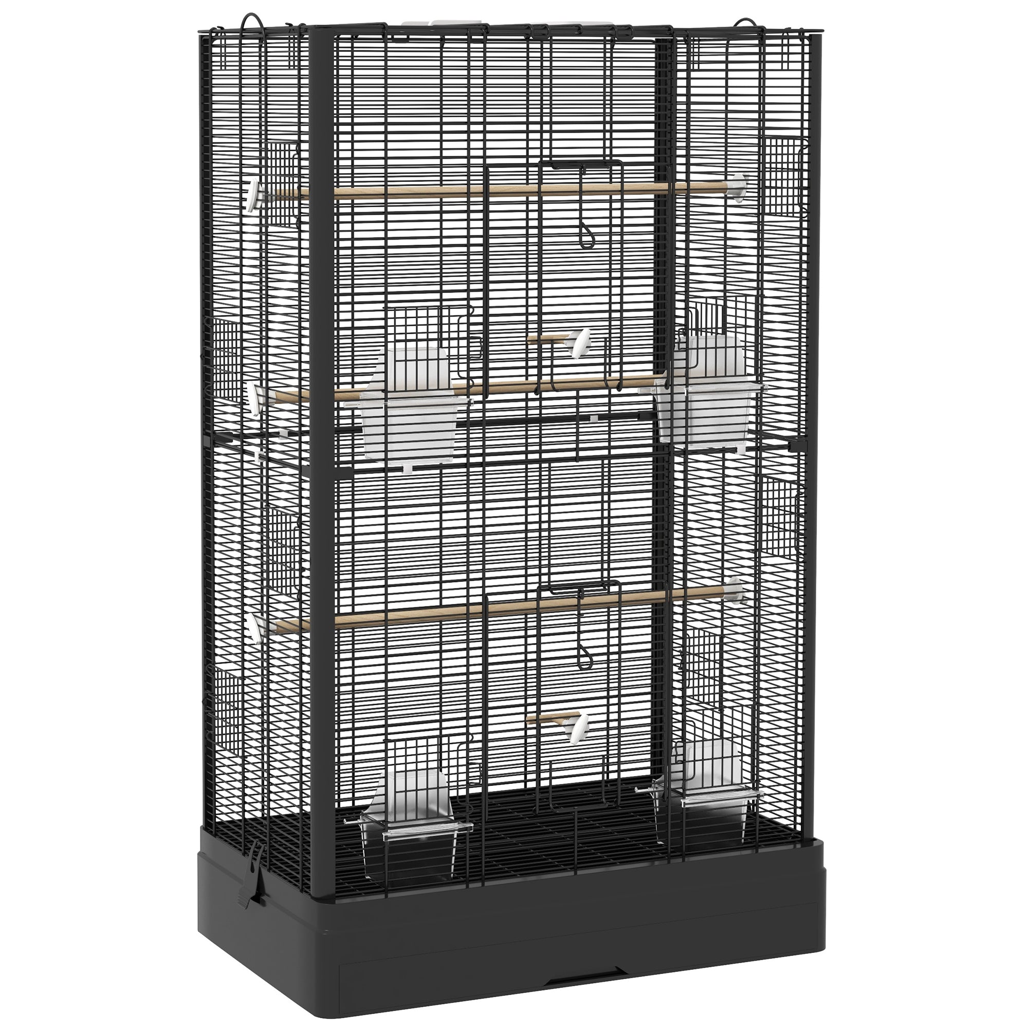 PawHut 39" Bird Cage for Budgie, Finches, Canaries, Love Birds, Large Parrot Cage with Wooden Stands, Slide-Out Tray, Handles, Food Containers, Black