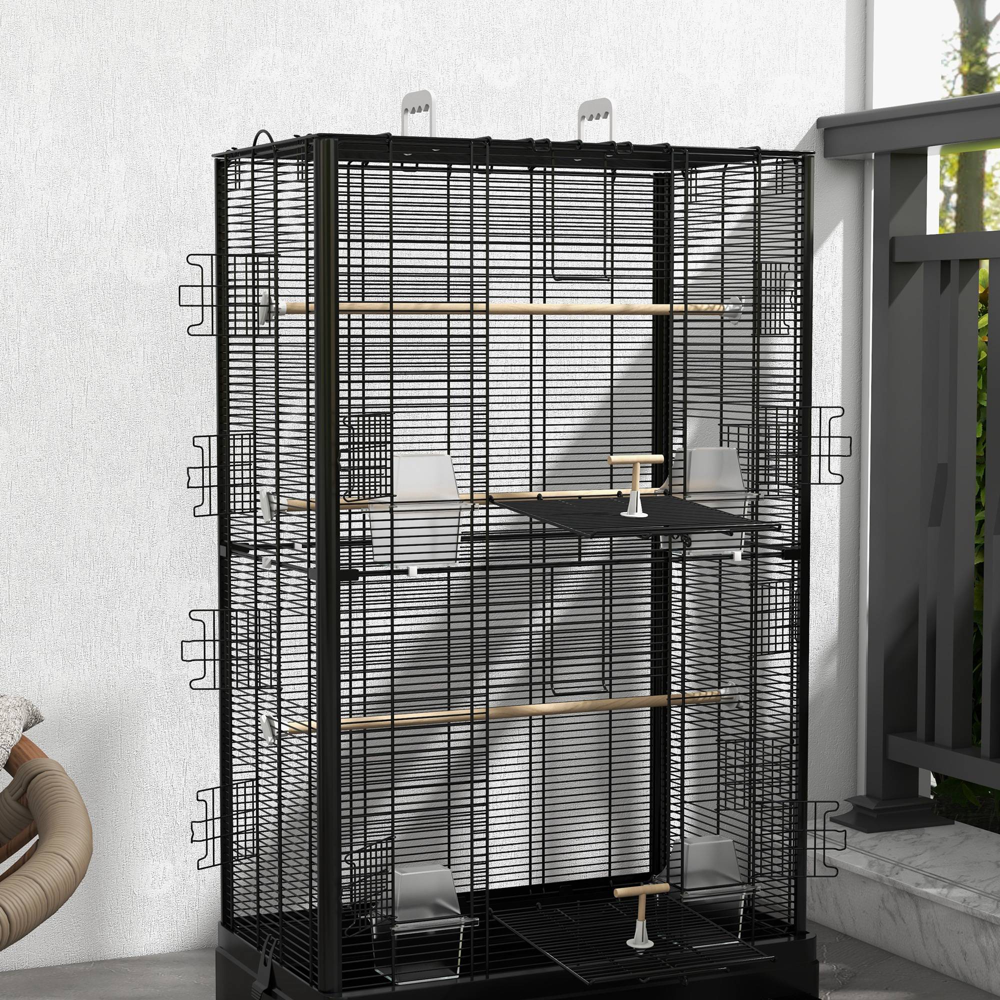 PawHut 39" Bird Cage for Budgie, Finches, Canaries, Love Birds, Large Parrot Cage with Wooden Stands, Slide-Out Tray, Handles, Food Containers, Black