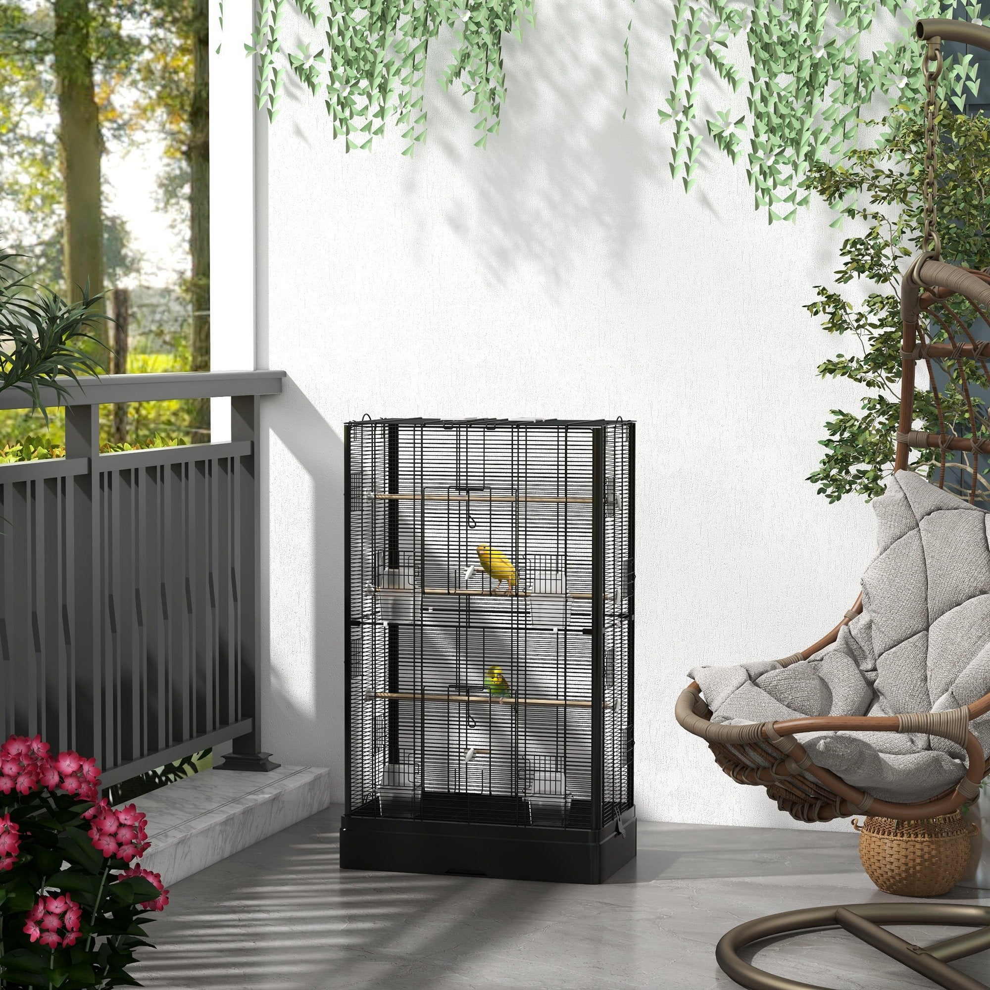 PawHut 39" Bird Cage for Budgie, Finches, Canaries, Love Birds, Large Parrot Cage with Wooden Stands, Slide-Out Tray, Handles, Food Containers, Black