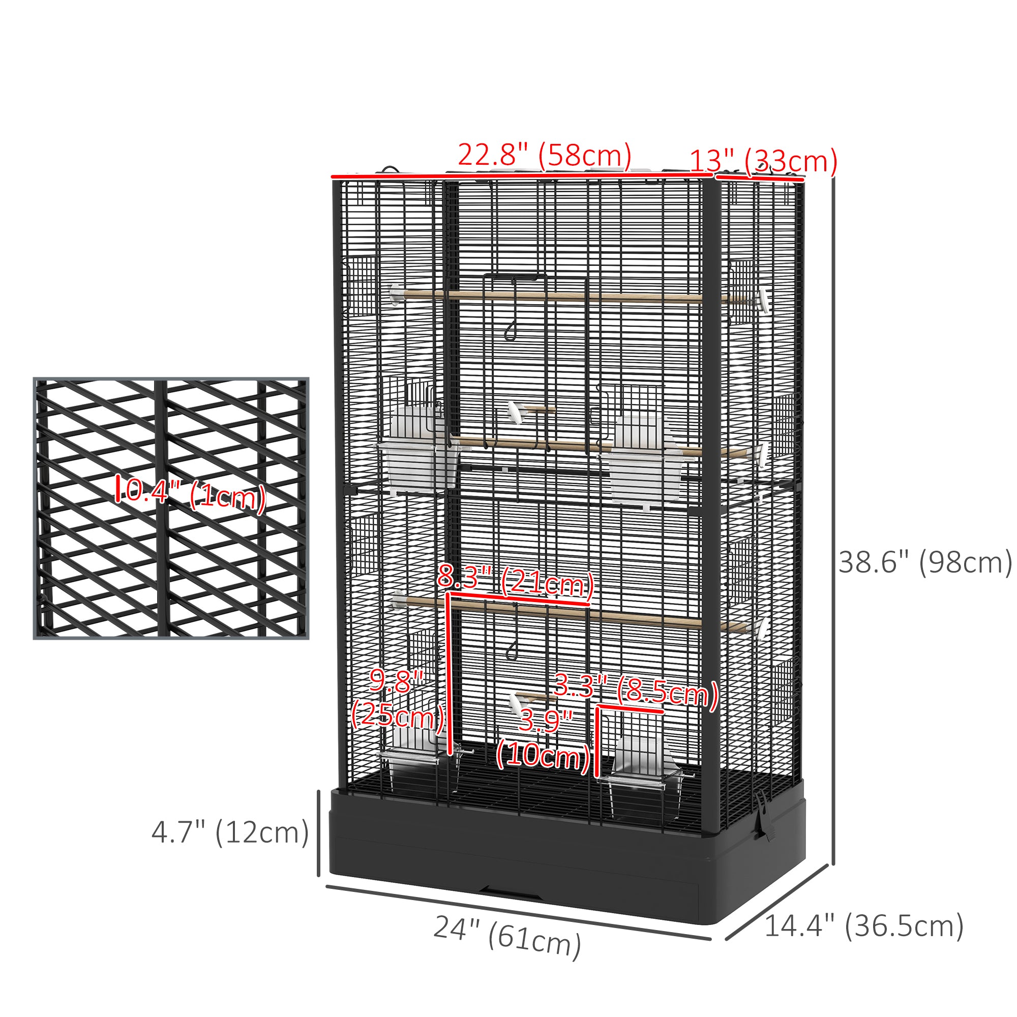 PawHut 39" Bird Cage for Budgie, Finches, Canaries, Love Birds, Large Parrot Cage with Wooden Stands, Slide-Out Tray, Handles, Food Containers, Black