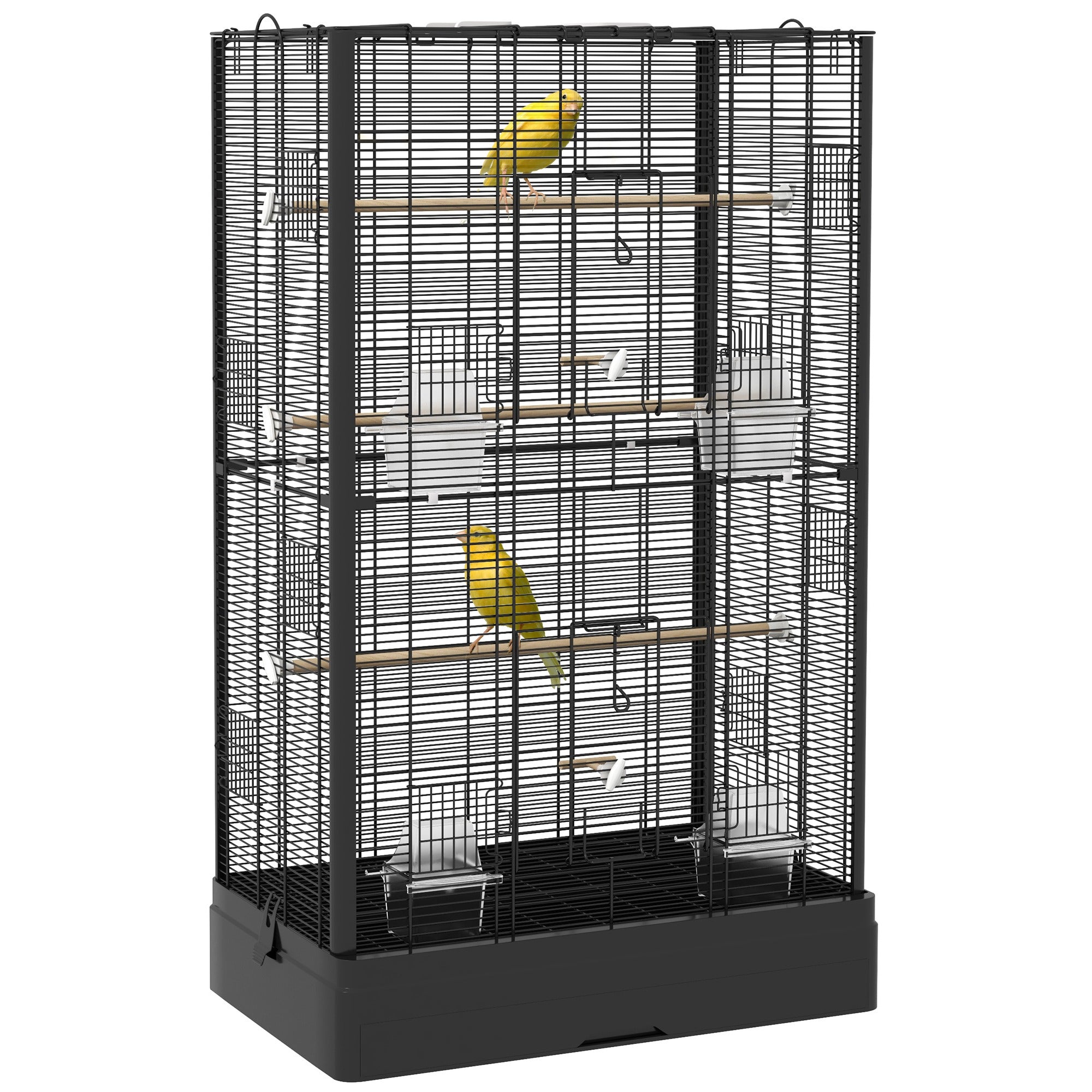 PawHut 39" Bird Cage for Budgie, Finches, Canaries, Love Birds, Large Parrot Cage with Wooden Stands, Slide-Out Tray, Handles, Food Containers, Black
