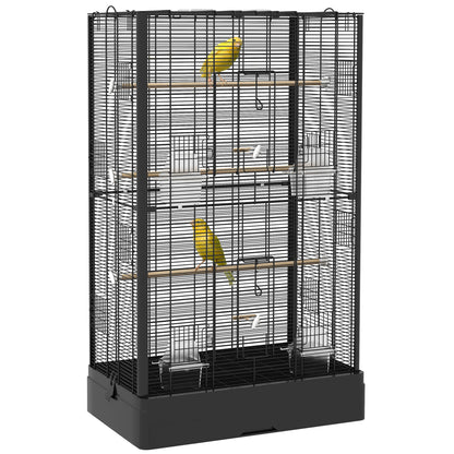 PawHut 39" Bird Cage for Budgie, Finches, Canaries, Love Birds, Large Parrot Cage with Wooden Stands, Slide-Out Tray, Handles, Food Containers, Black