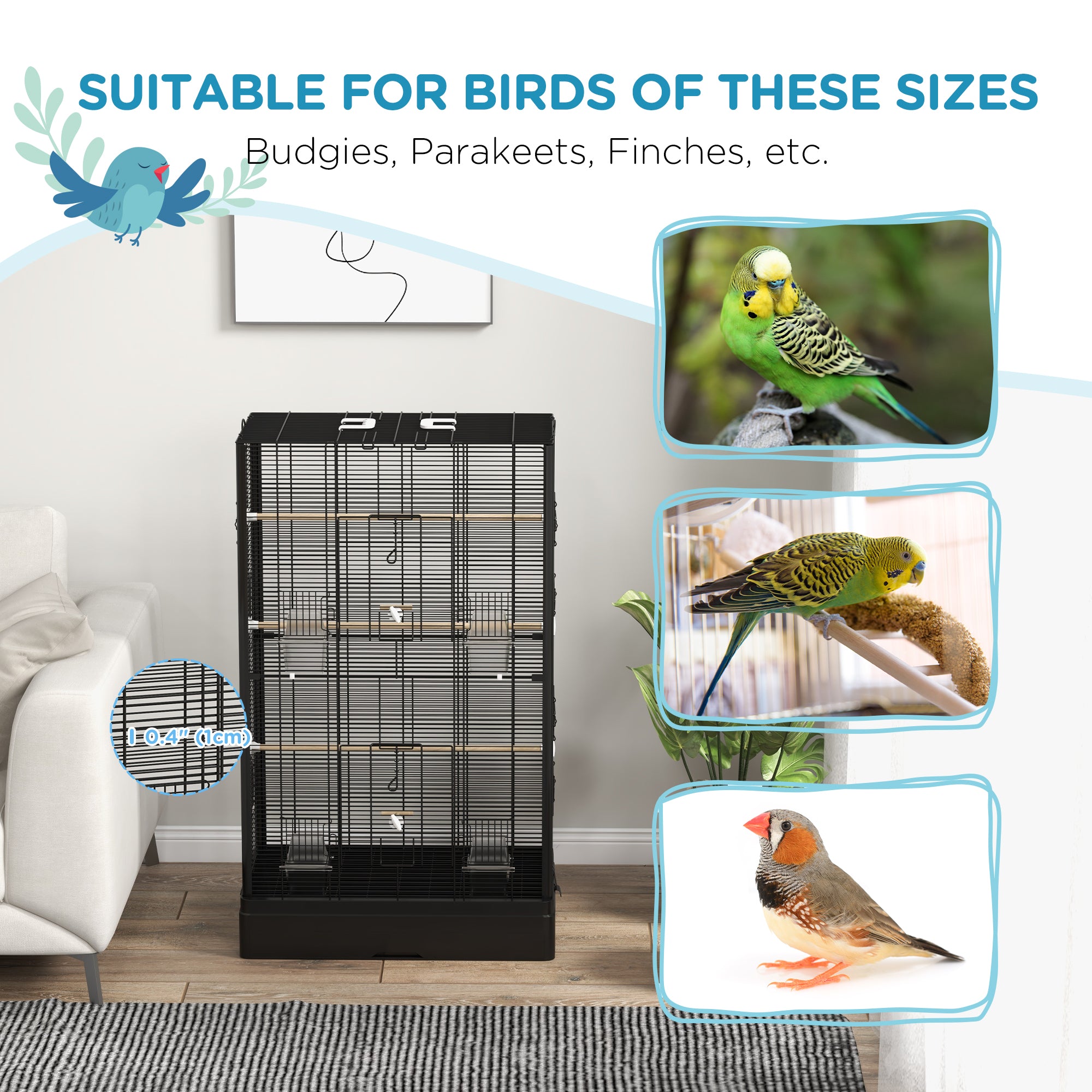 PawHut 39" Bird Cage for Budgie, Finches, Canaries, Love Birds, Large Parrot Cage with Wooden Stands, Slide-Out Tray, Handles, Food Containers, Black