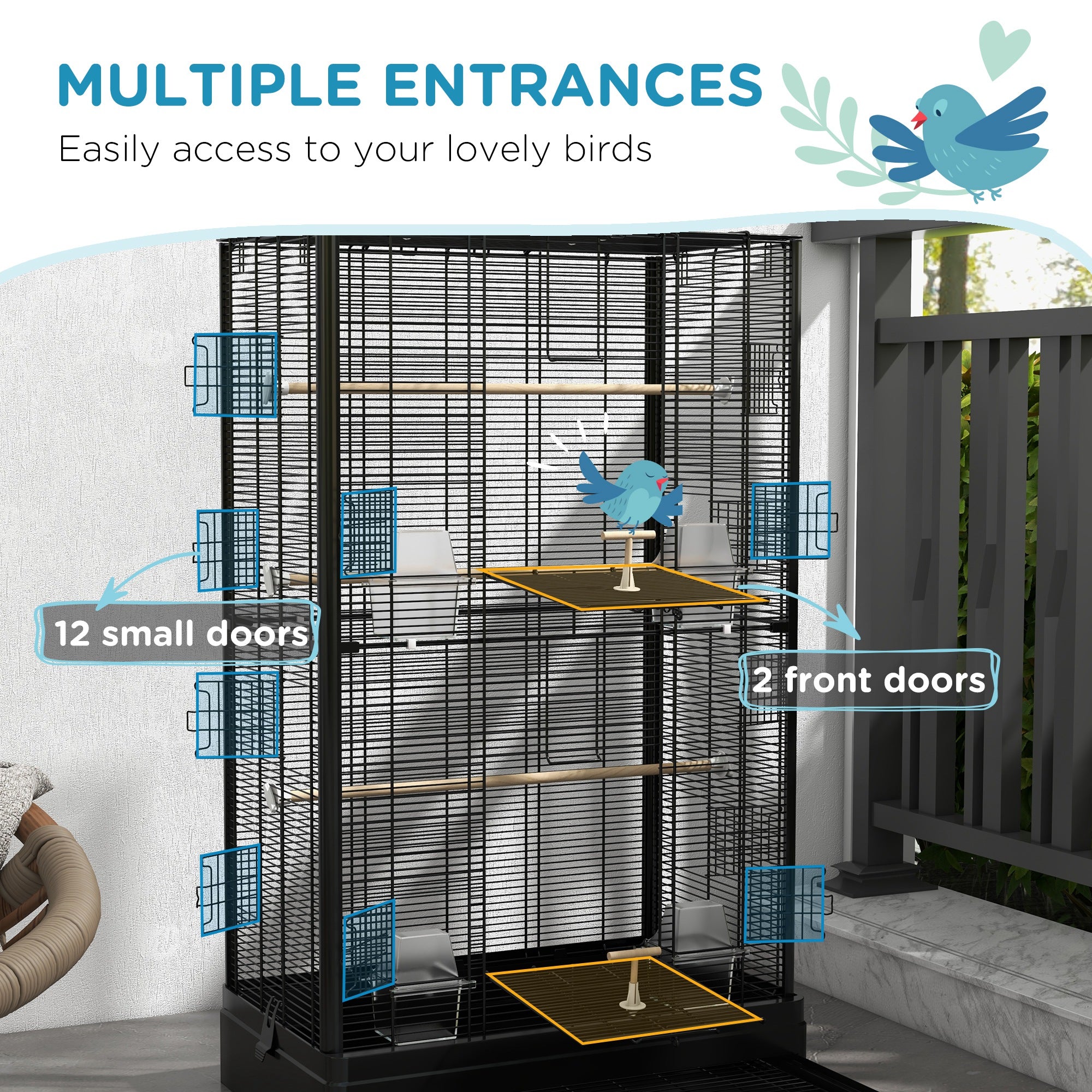 PawHut 39" Bird Cage for Budgie, Finches, Canaries, Love Birds, Large Parrot Cage with Wooden Stands, Slide-Out Tray, Handles, Food Containers, Black