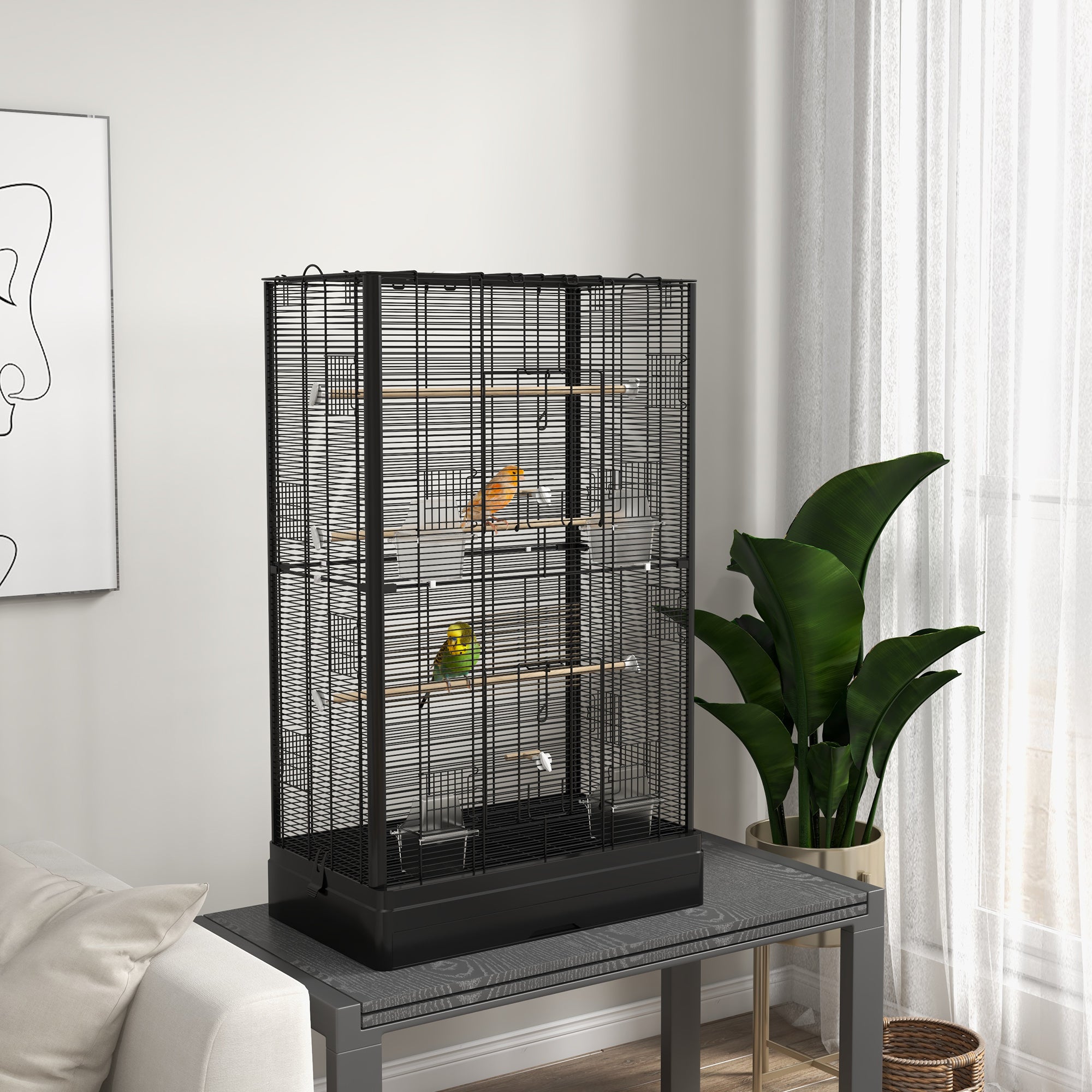 PawHut 39" Bird Cage for Budgie, Finches, Canaries, Love Birds, Large Parrot Cage with Wooden Stands, Slide-Out Tray, Handles, Food Containers, Black