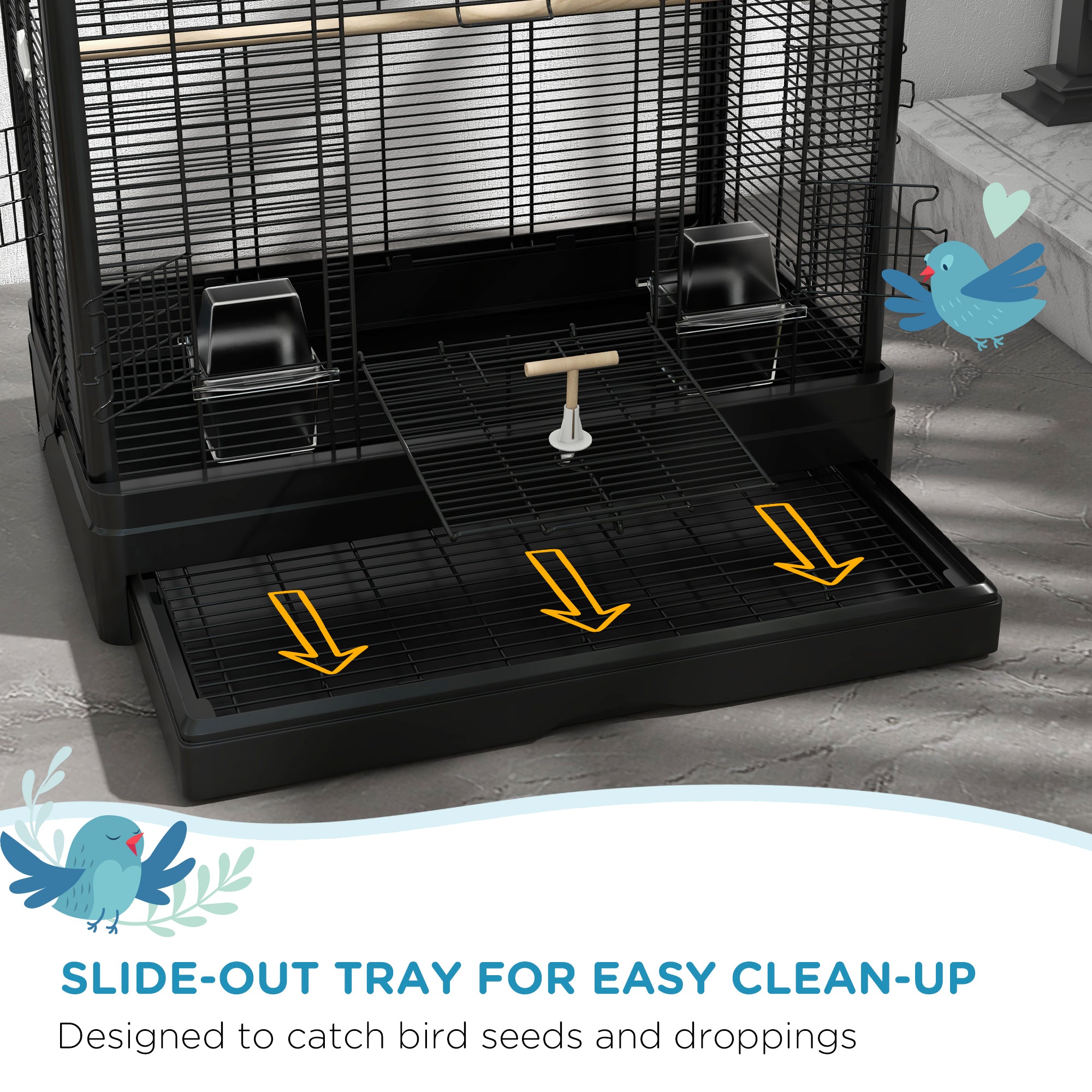 PawHut 39" Bird Cage for Budgie, Finches, Canaries, Love Birds, Large Parrot Cage with Wooden Stands, Slide-Out Tray, Handles, Food Containers, Black