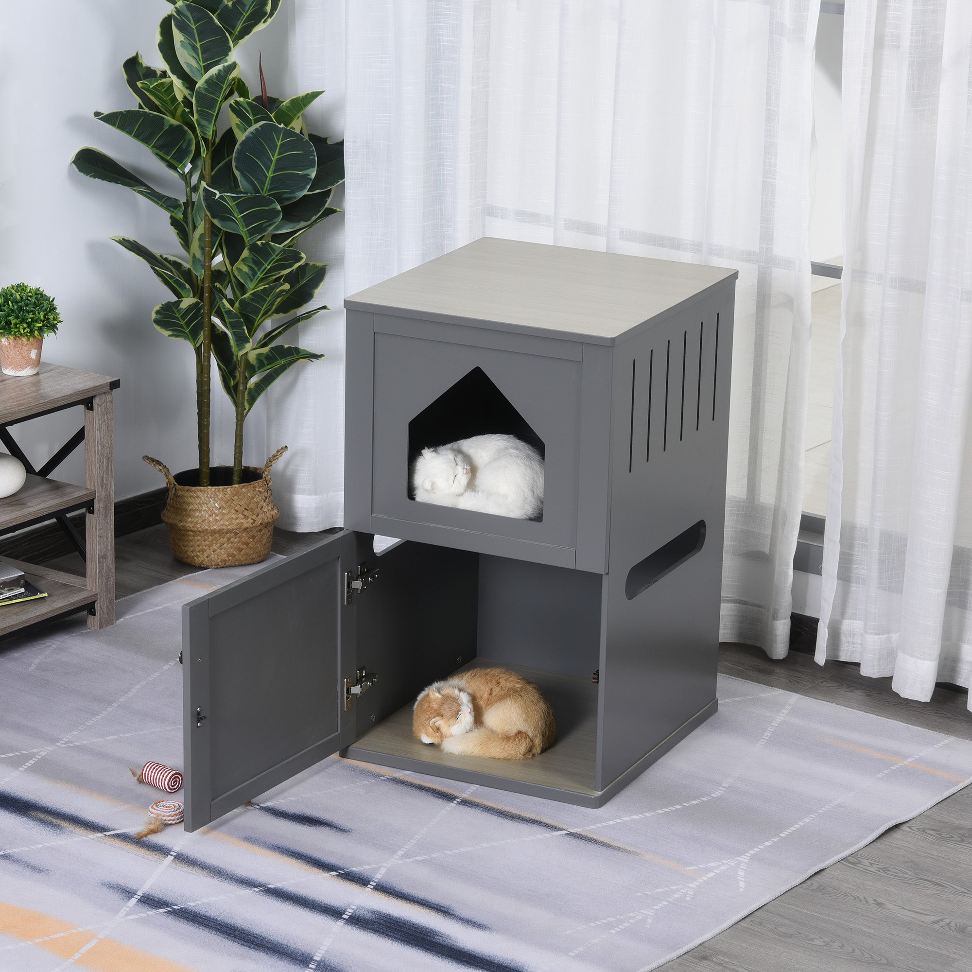 PawHut Double-Decker Cat Luxury Lower Level Litter Box and Upper Level House, Grey
