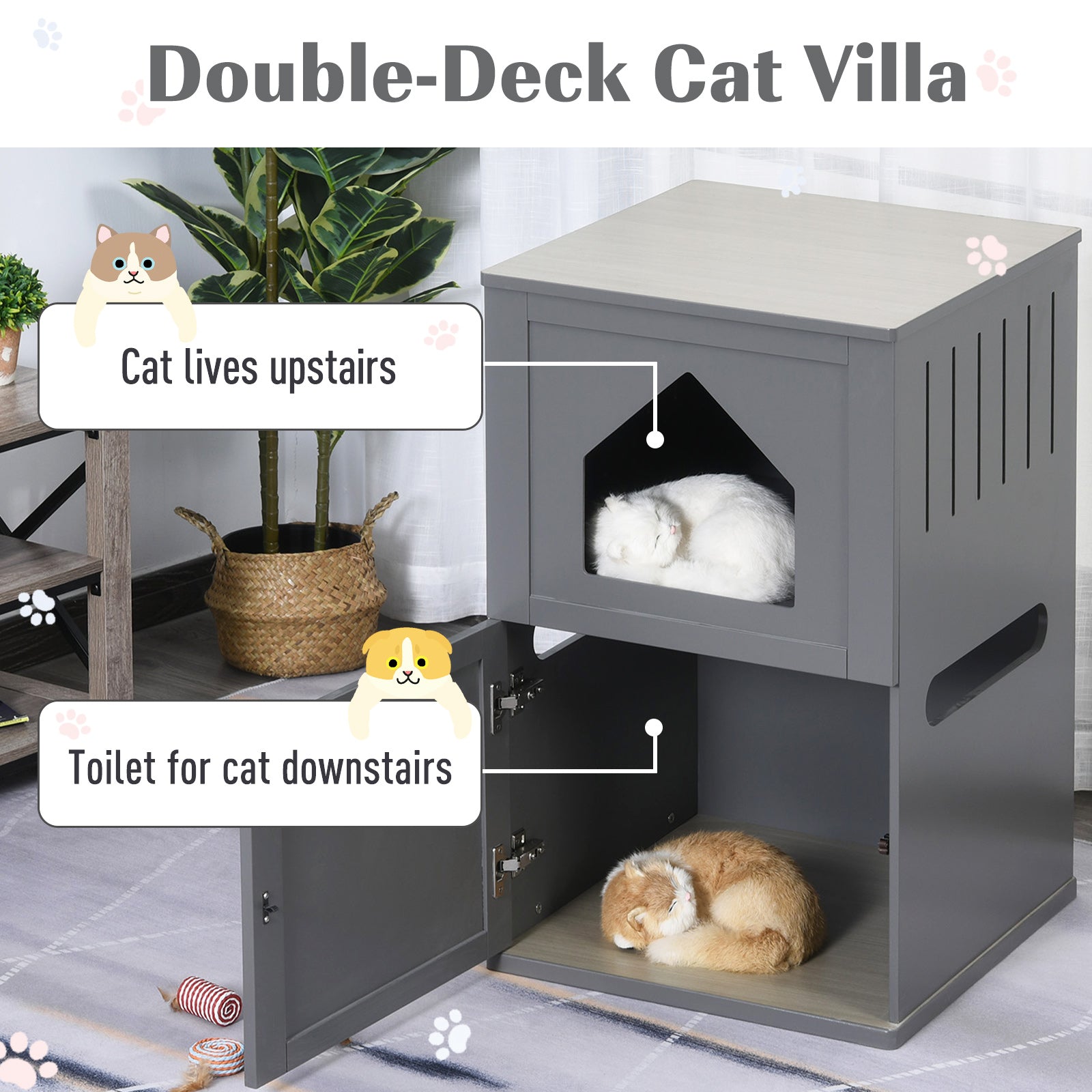 PawHut Double-Decker Cat Luxury Lower Level Litter Box and Upper Level House, Grey