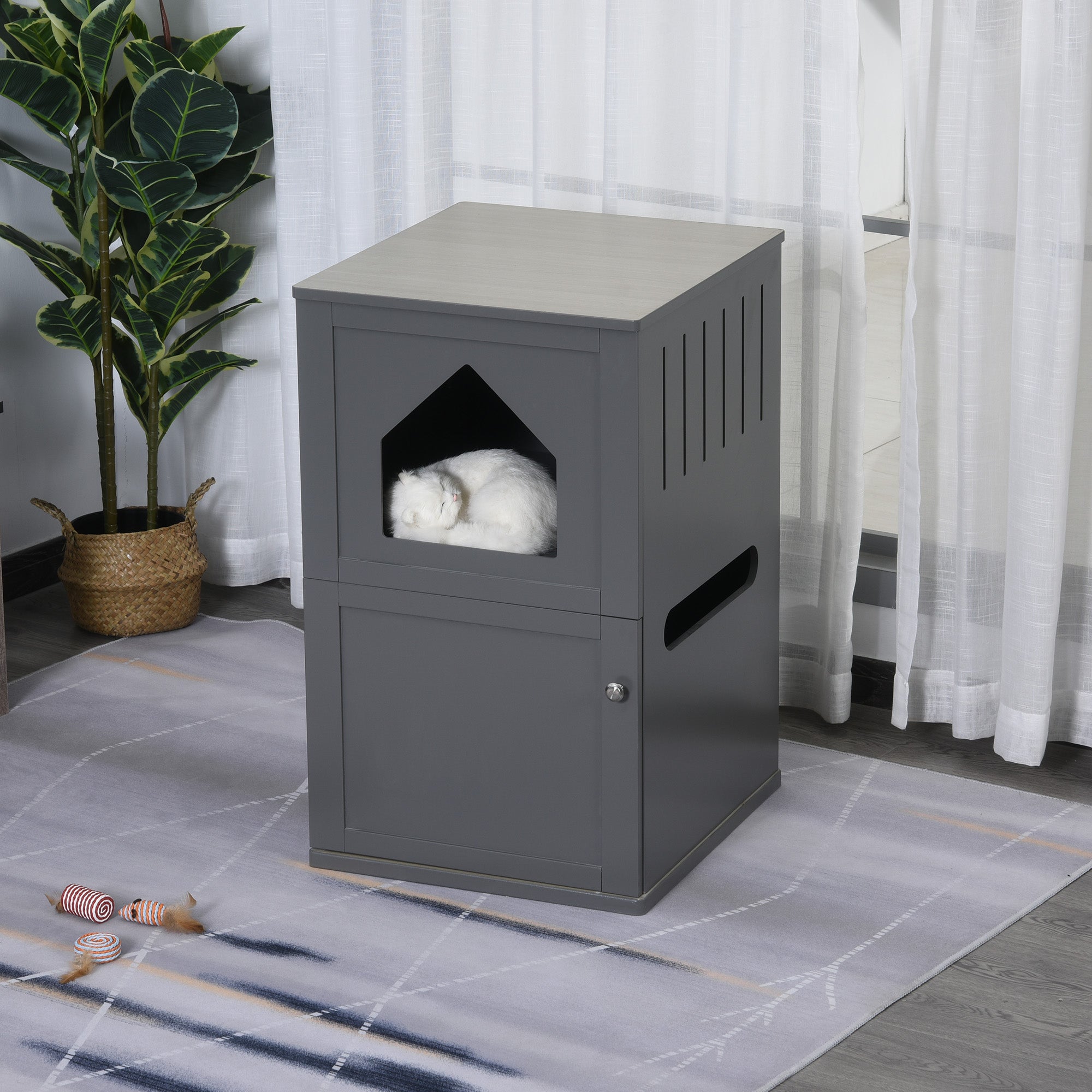 PawHut Double-Decker Cat Luxury Lower Level Litter Box and Upper Level House, Grey