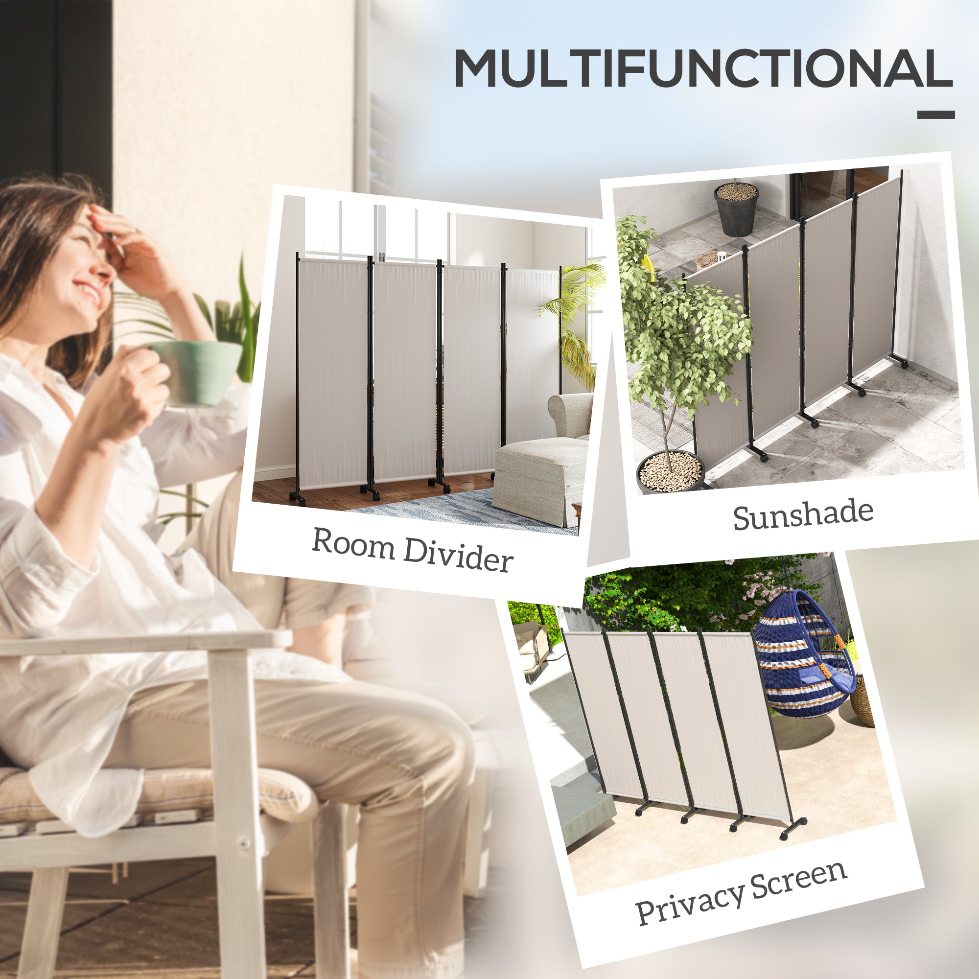 Outsunny 4 Panel Folding Room Divider with Lockable Wheels, 5.6ft Rolling Privacy Screen, Portable Freestanding Privacy Panel for Garden Backyard Deck Pool Hot Tub, Cream White