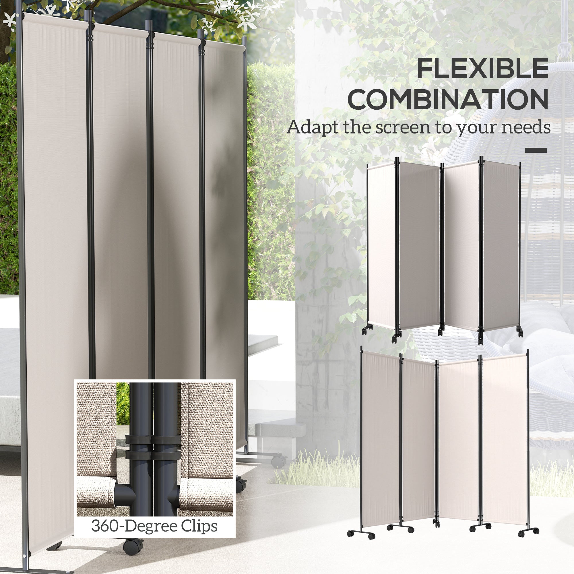 Outsunny 4 Panel Folding Room Divider with Lockable Wheels, 5.6ft Rolling Privacy Screen, Portable Freestanding Privacy Panel for Garden Backyard Deck Pool Hot Tub, Cream White