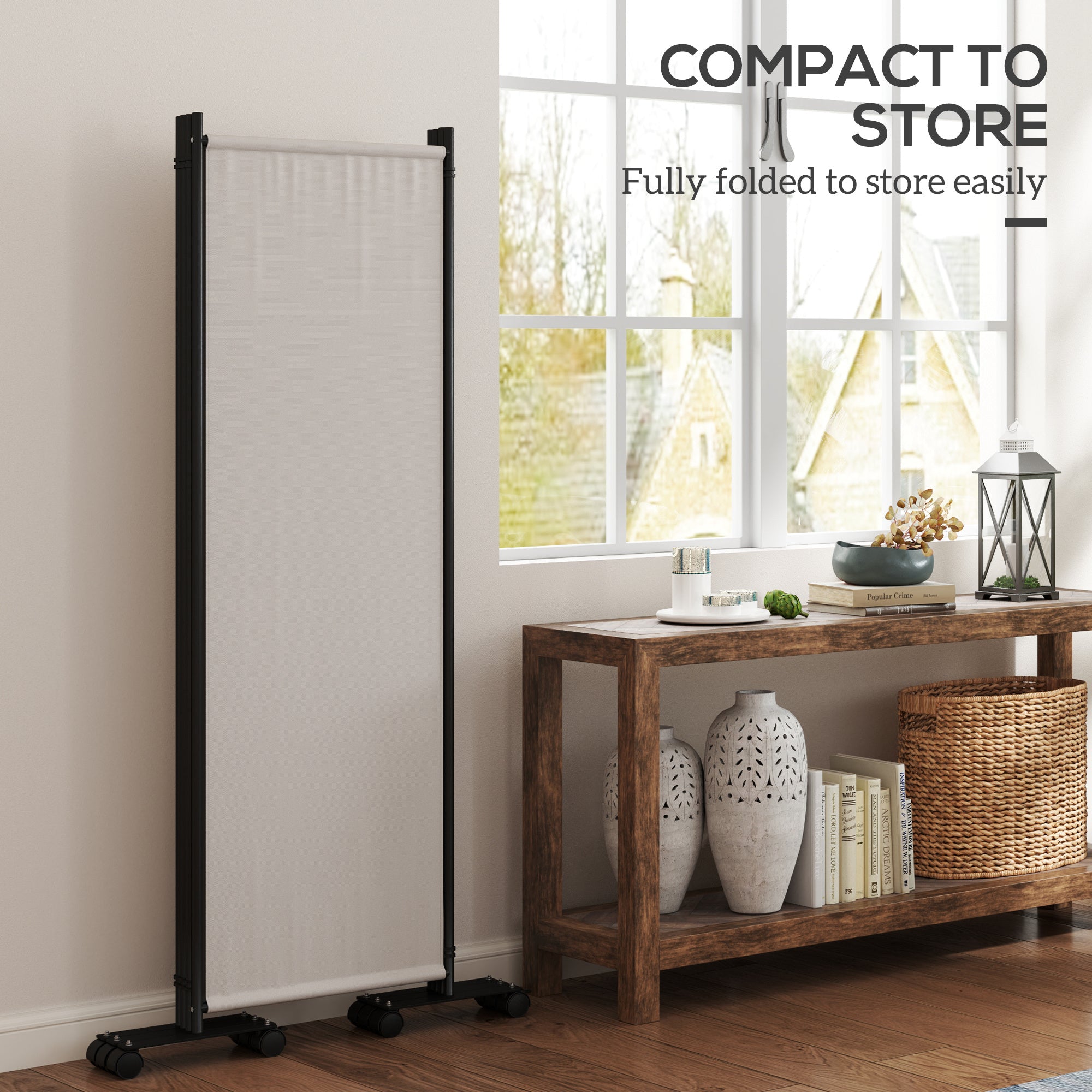 Outsunny 4 Panel Folding Room Divider with Lockable Wheels, 5.6ft Rolling Privacy Screen, Portable Freestanding Privacy Panel for Garden Backyard Deck Pool Hot Tub, Cream White