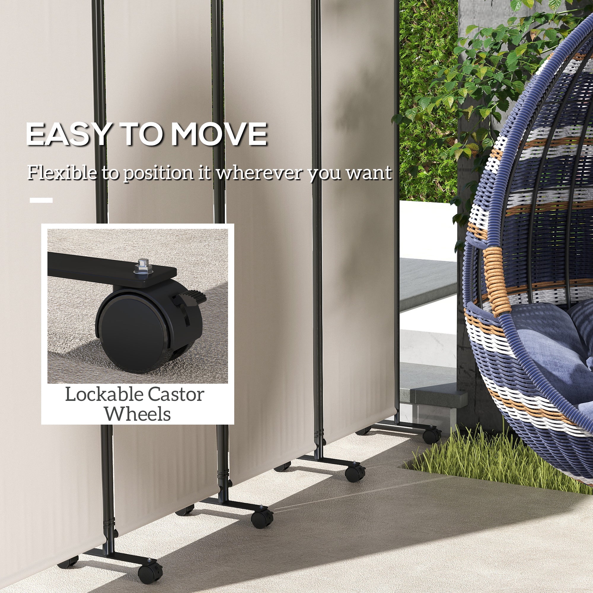 Outsunny 4 Panel Folding Room Divider with Lockable Wheels, 5.6ft Rolling Privacy Screen, Portable Freestanding Privacy Panel for Garden Backyard Deck Pool Hot Tub, Cream White