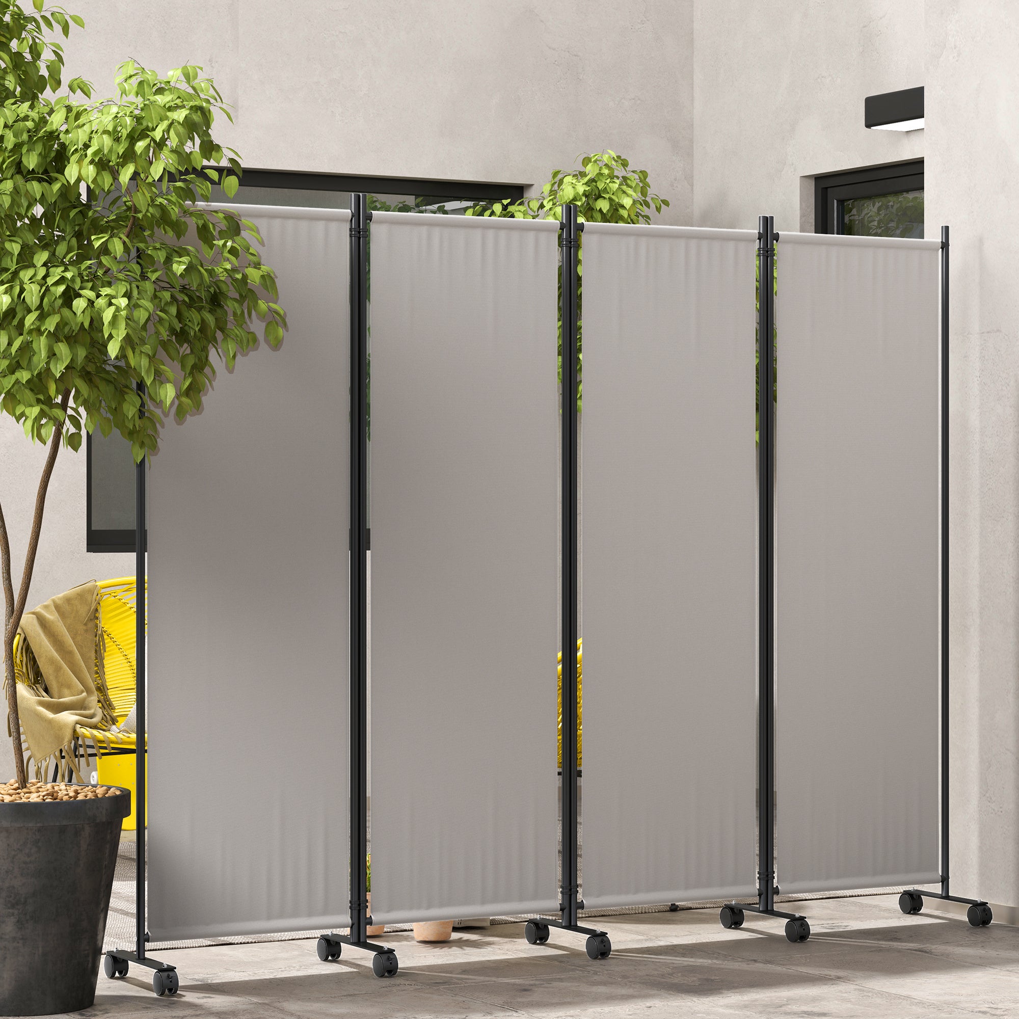 Outsunny 4 Panel Folding Room Divider with Lockable Wheels, 5.6ft Rolling Privacy Screen, Portable Freestanding Privacy Panel for Garden Backyard Deck Pool Hot Tub, Cream White