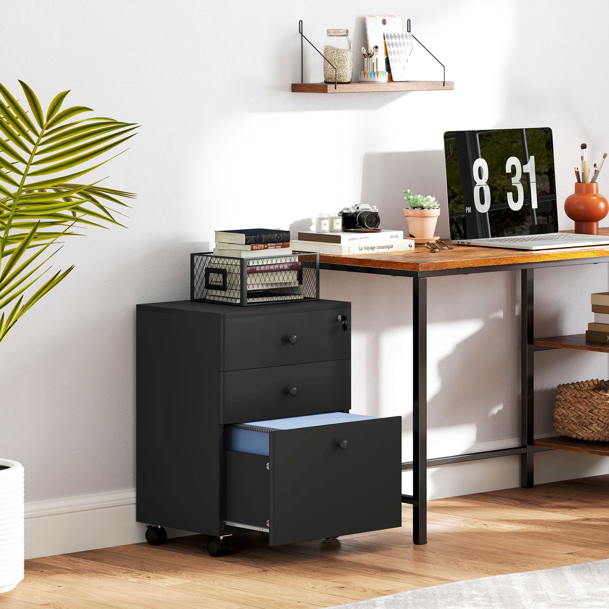 HOMCOM 3-Drawer Filing Cabinet with Lock, Vertical Mobile File Cabinet with Hanging Bar for A4, Letter-Size Files, Home Office, Black