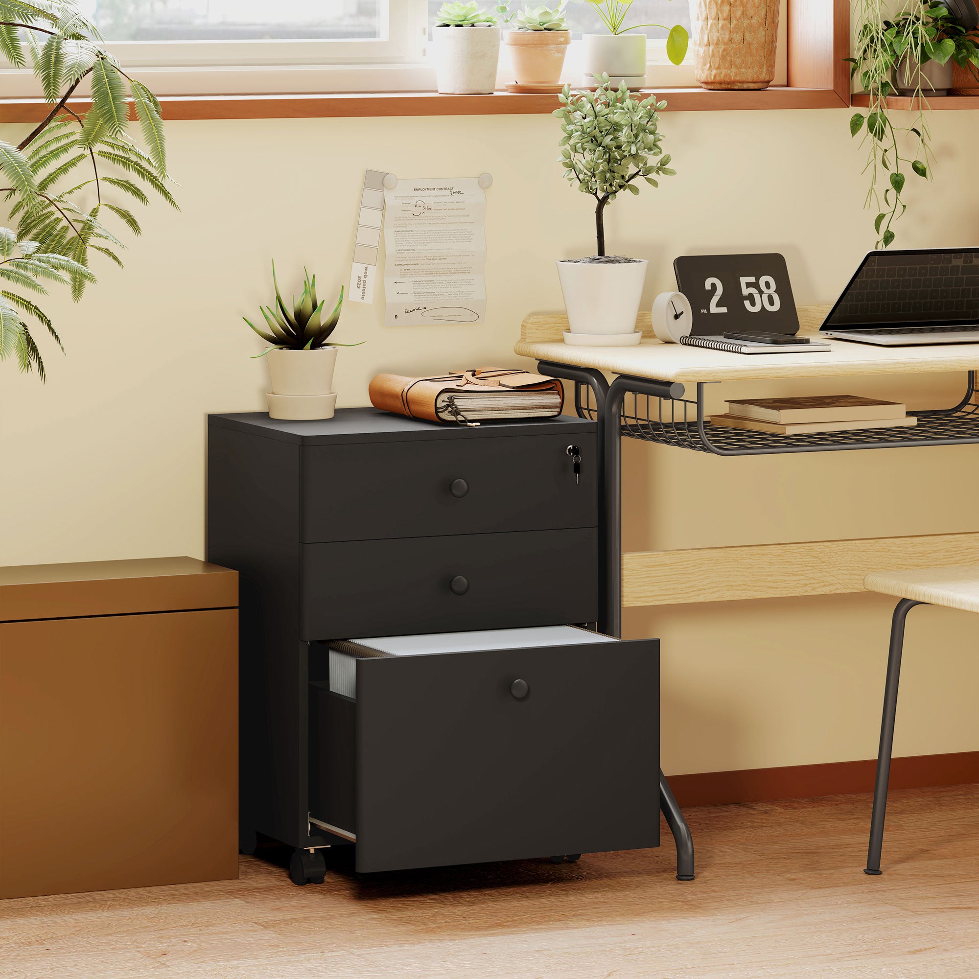 HOMCOM 3-Drawer Filing Cabinet with Lock, Vertical Mobile File Cabinet with Hanging Bar for A4, Letter-Size Files, Home Office, Black