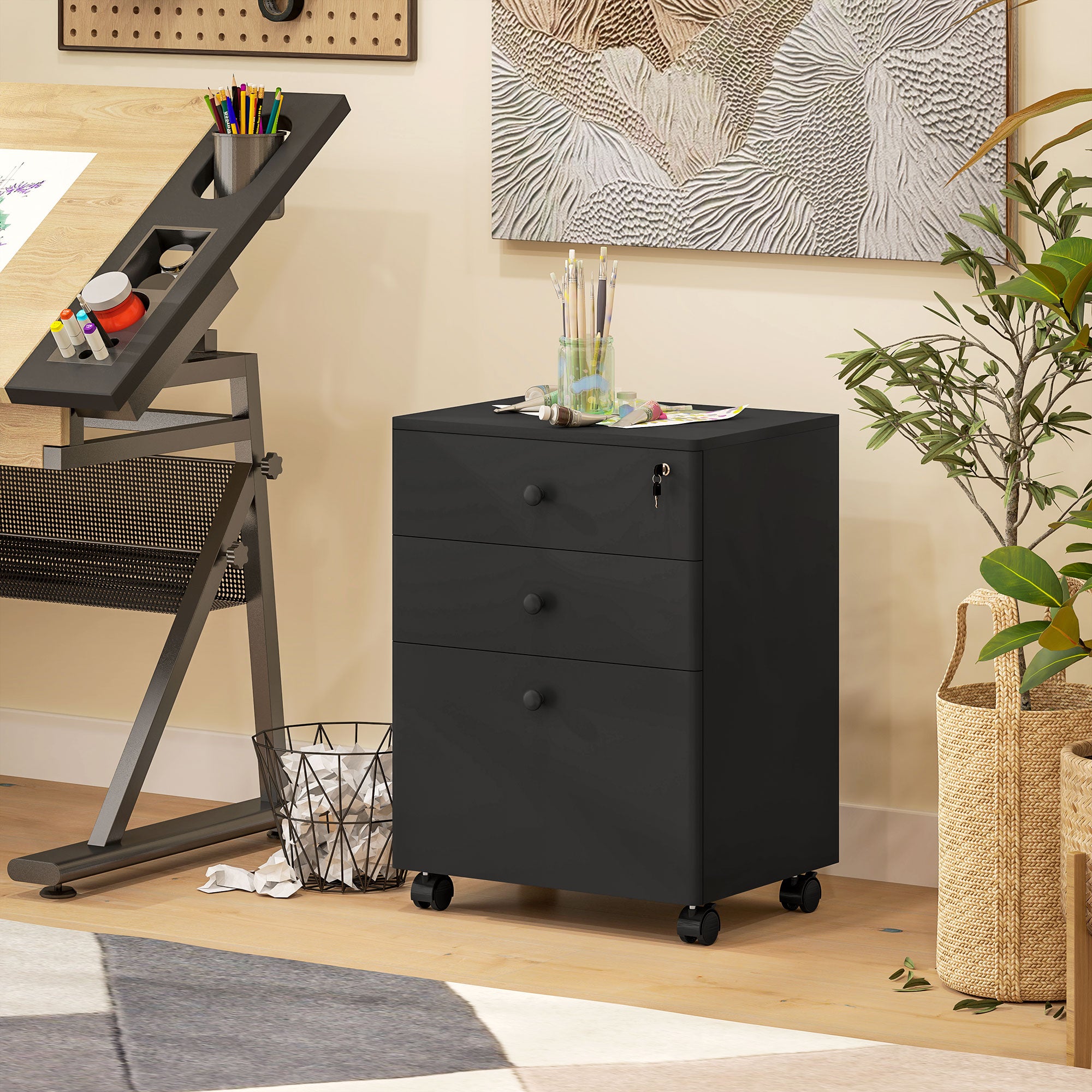 HOMCOM 3-Drawer Filing Cabinet with Lock, Vertical Mobile File Cabinet with Hanging Bar for A4, Letter-Size Files, Home Office, Black