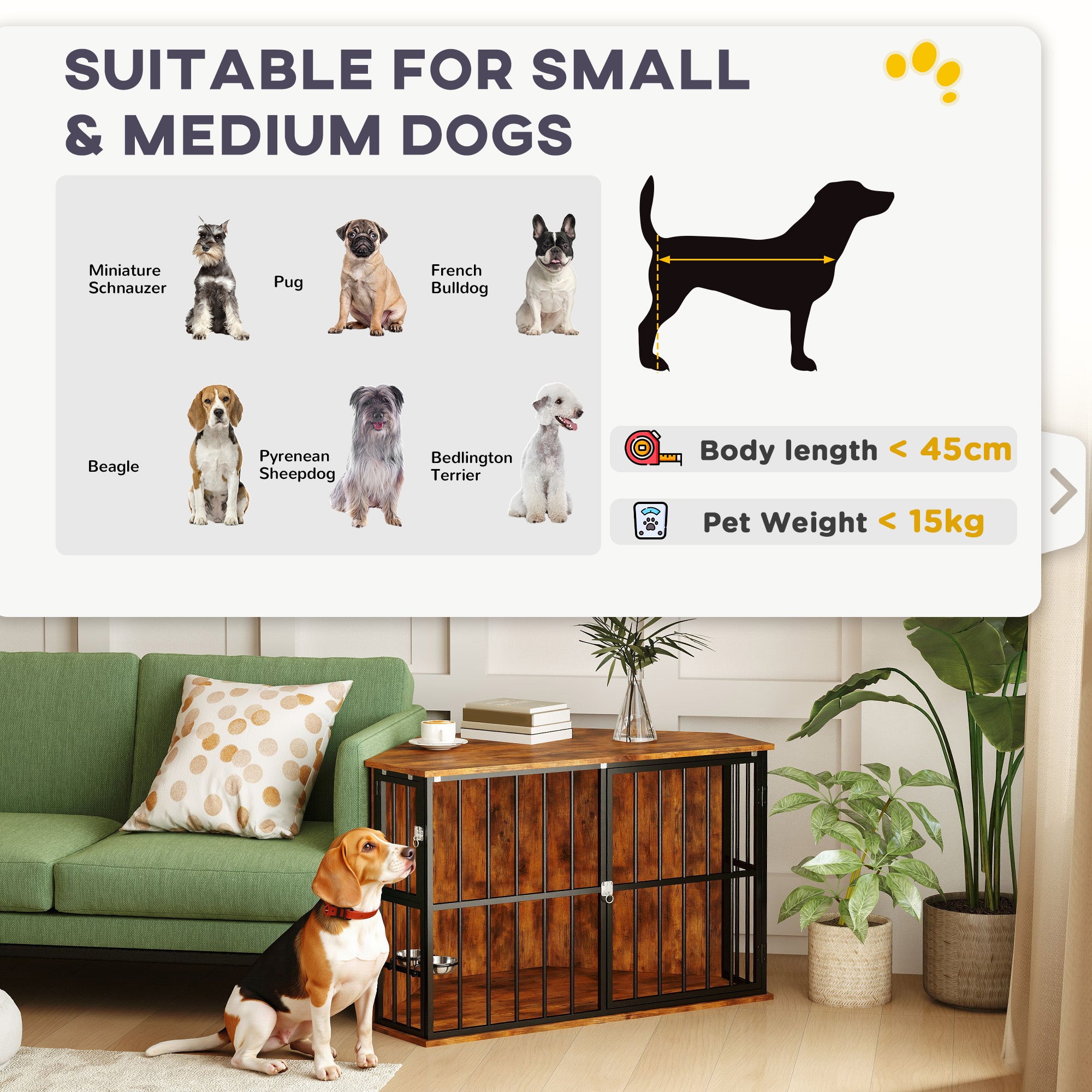 PawHut Corner Dog Crate Furniture, Heavy Duty Dog Kennel Side End Table Indoor with 2 Bowls, Feeding Door, Decorative Pet Cage TV Stand for Small and Medium Breeds, Rustic Brown