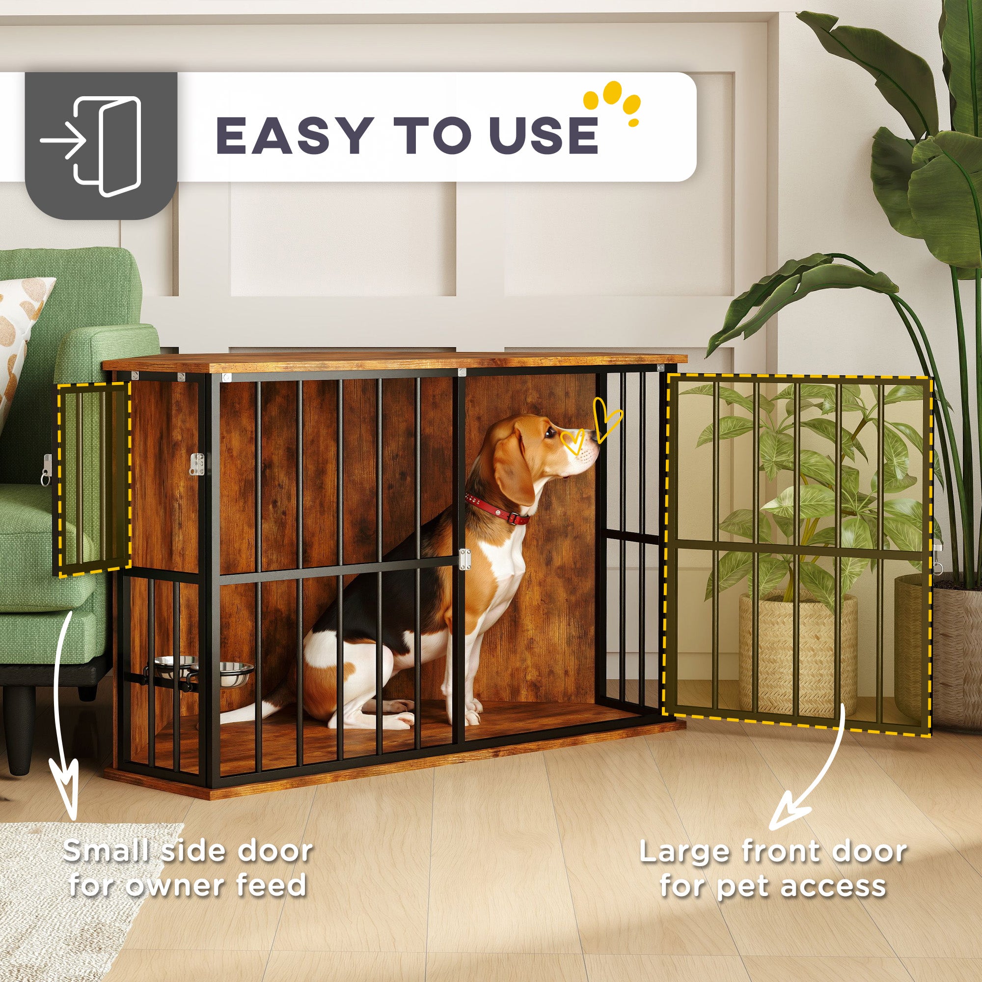 PawHut Corner Dog Crate Furniture, Heavy Duty Dog Kennel Side End Table Indoor with 2 Bowls, Feeding Door, Decorative Pet Cage TV Stand for Small and Medium Breeds, Rustic Brown