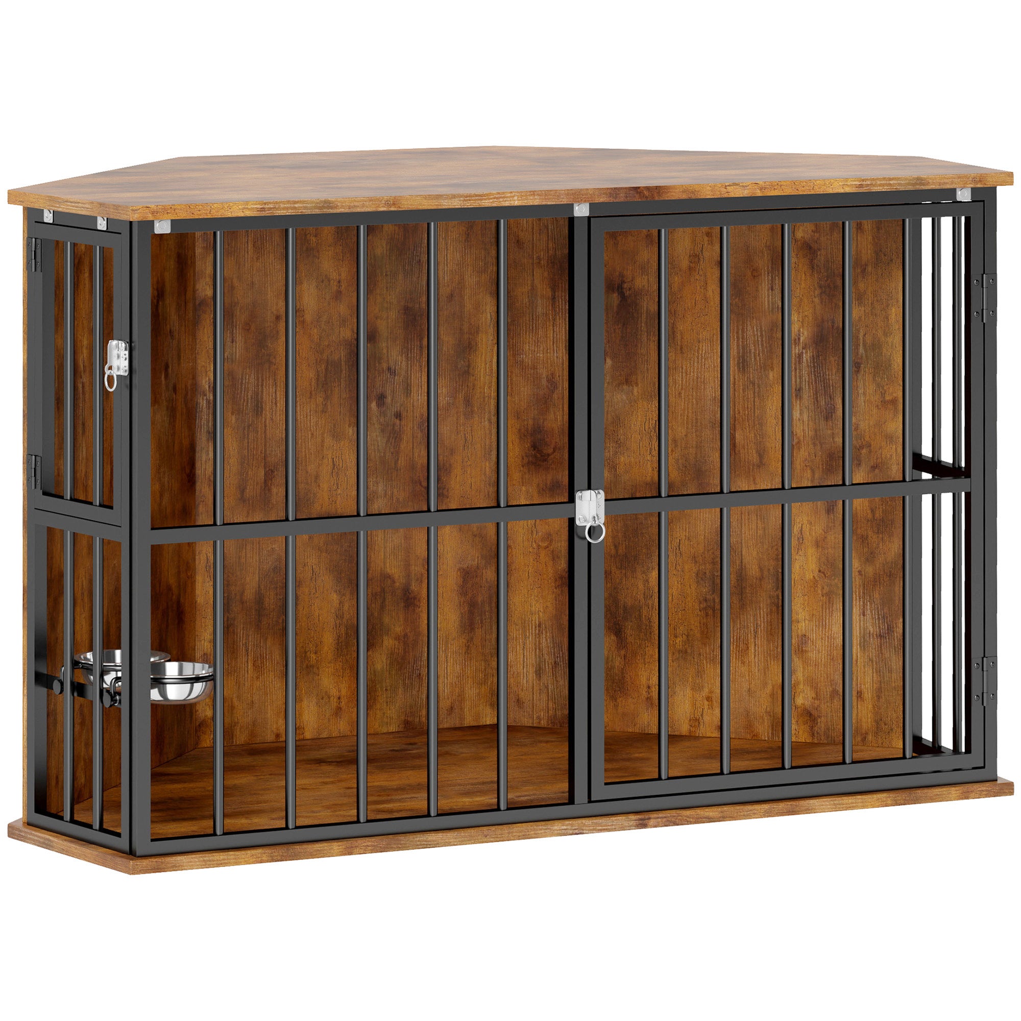 PawHut Corner Dog Crate Furniture, Heavy Duty Dog Kennel Side End Table Indoor with 2 Bowls, Feeding Door, Decorative Pet Cage TV Stand for Small and Medium Breeds, Rustic Brown