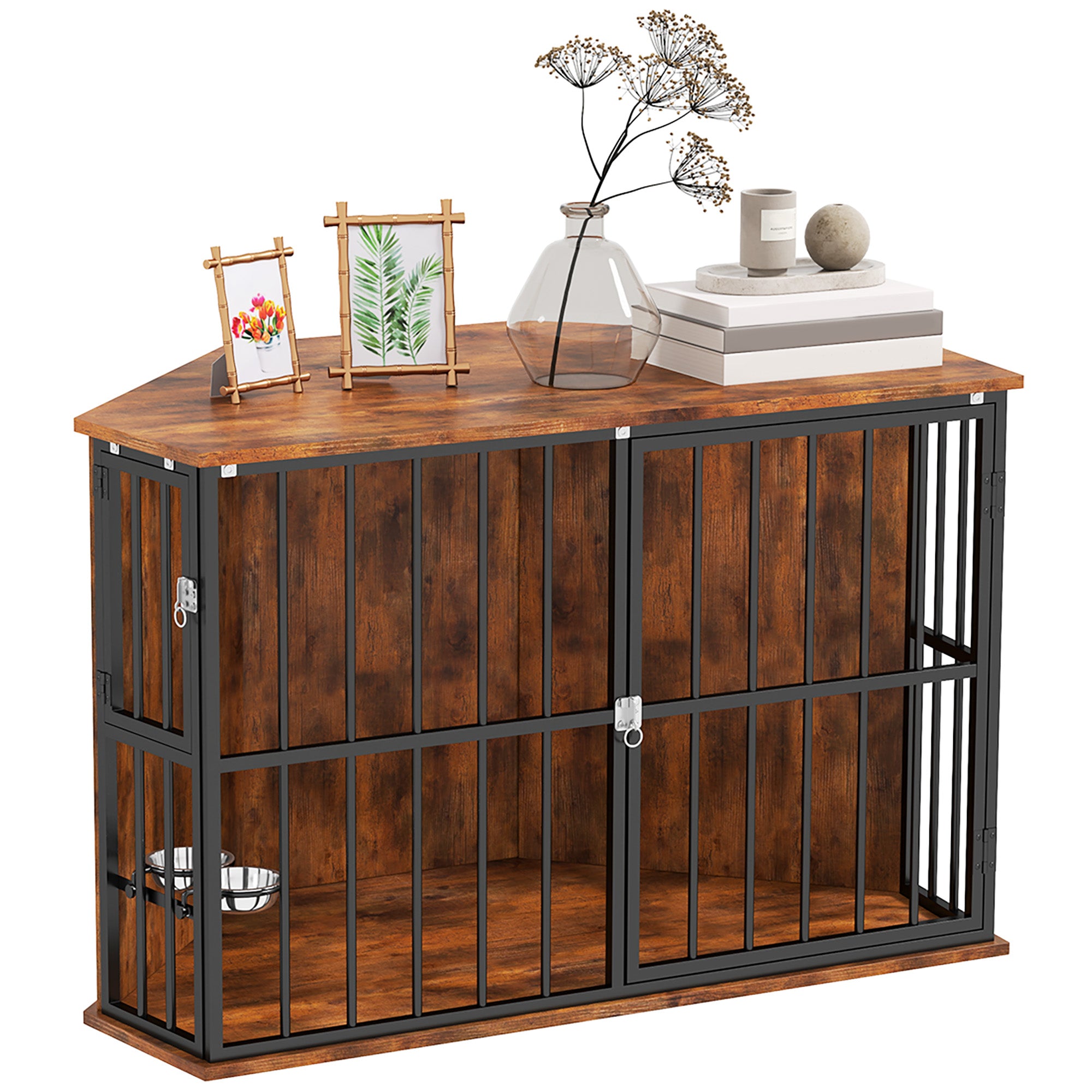 PawHut Corner Dog Crate Furniture, Heavy Duty Dog Kennel Side End Table Indoor with 2 Bowls, Feeding Door, Decorative Pet Cage TV Stand for Small and Medium Breeds, Rustic Brown