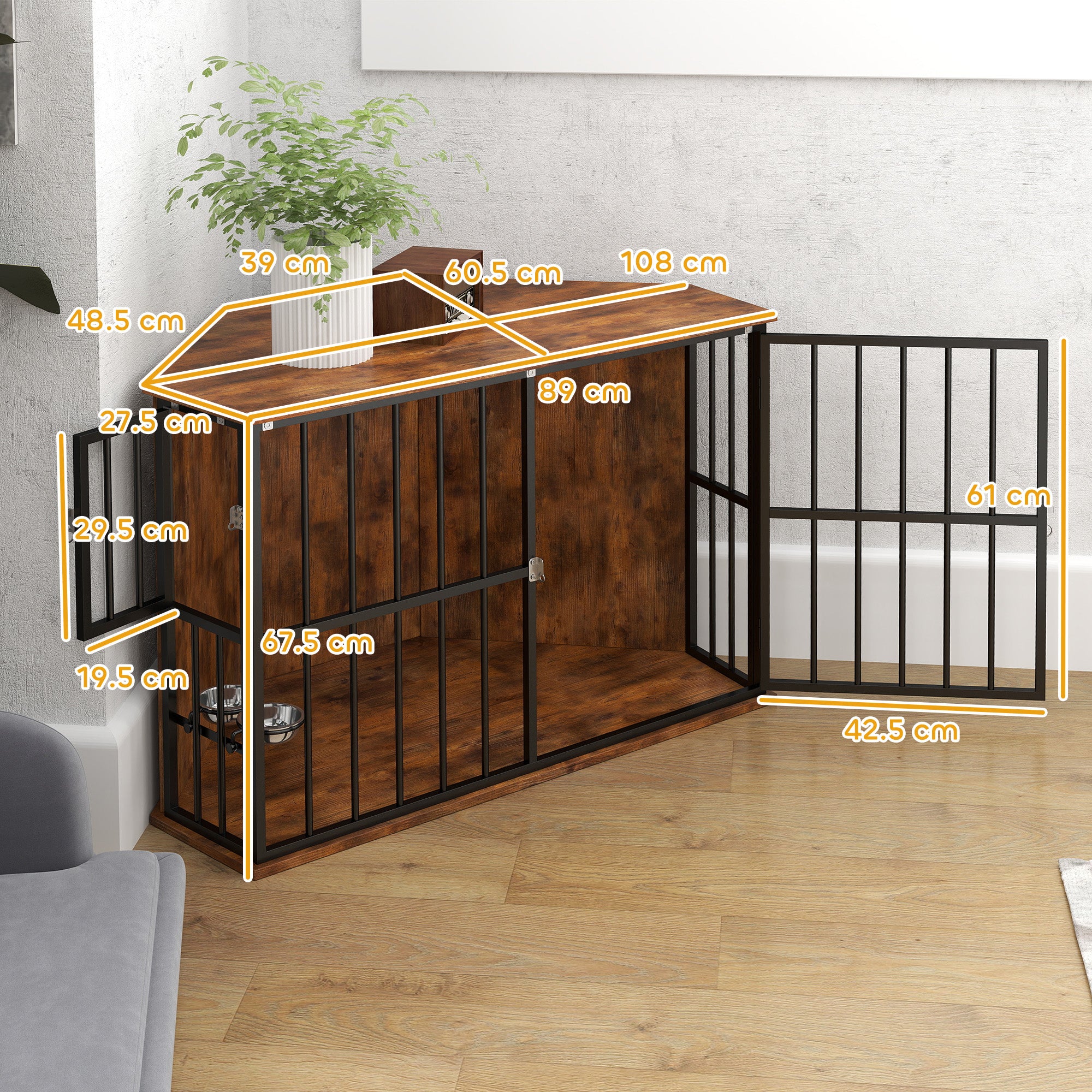 PawHut Corner Dog Crate Furniture, Heavy Duty Dog Kennel Side End Table Indoor with 2 Bowls, Feeding Door, Decorative Pet Cage TV Stand for Small and Medium Breeds, Rustic Brown